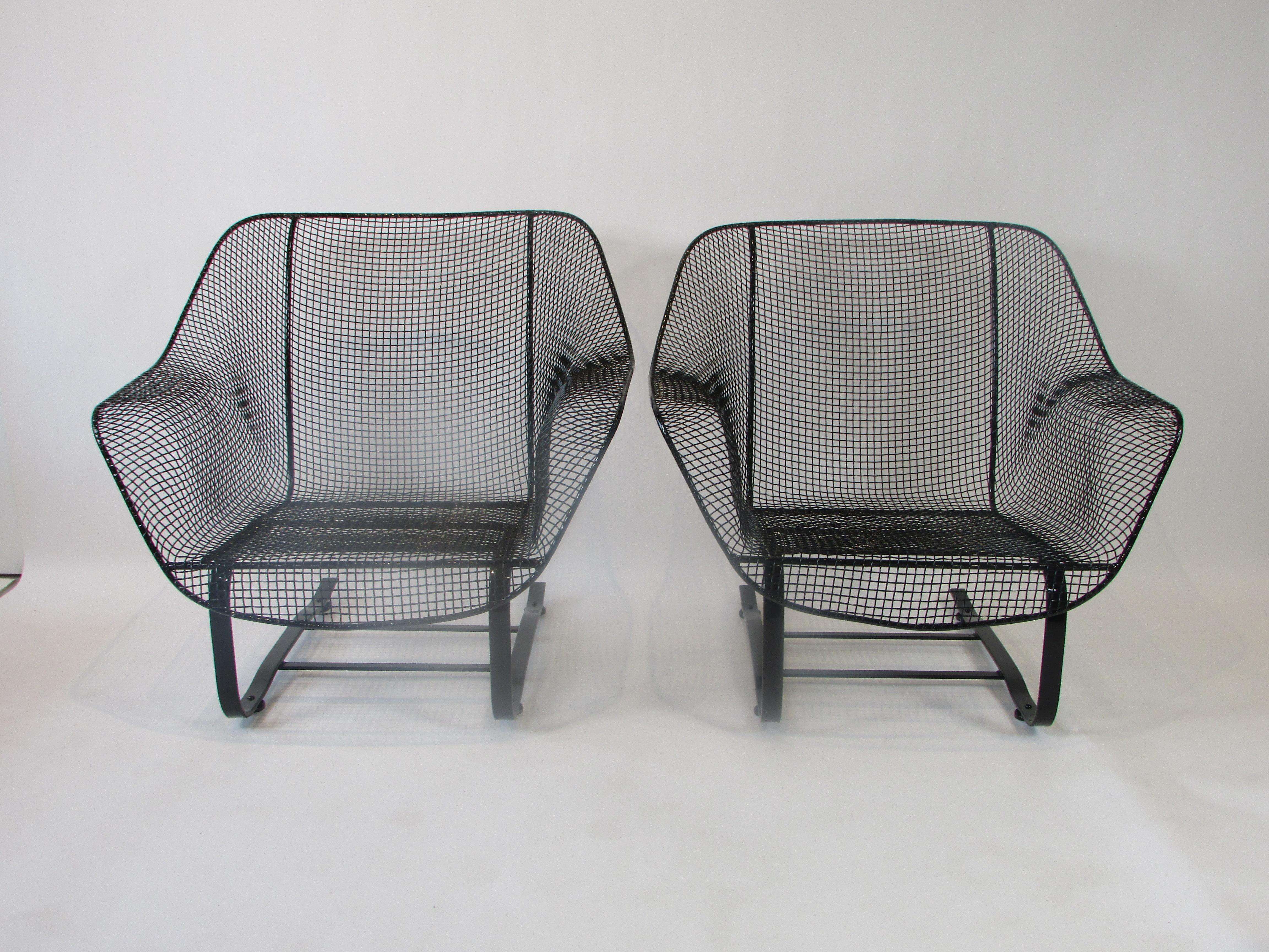 American Pair of Restored Woodard Wrought Iron Cantilever Spring Base Lounge Chairs For Sale