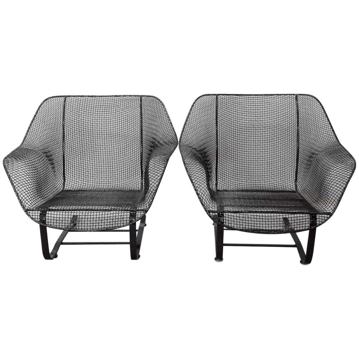 Pair of Restored Woodard Wrought Iron Cantilever Spring Base Lounge Chairs