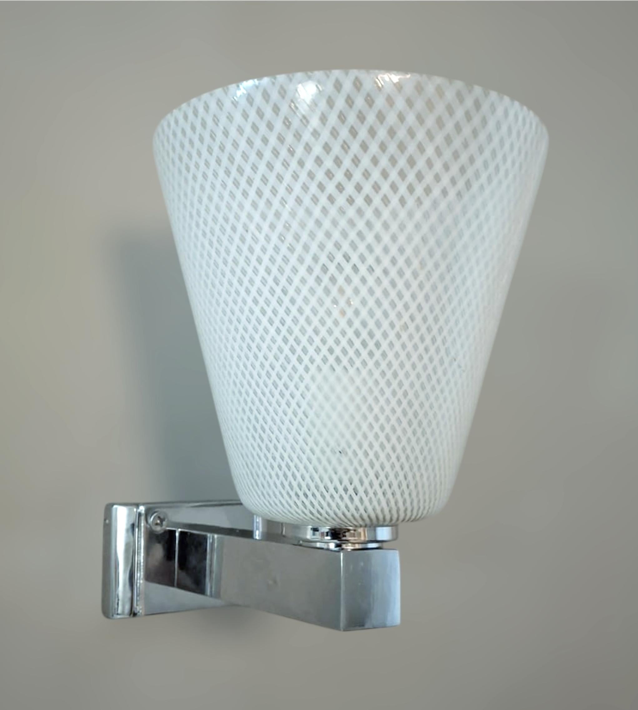 Mid-Century Modern Pair of Reticello Sconces For Sale