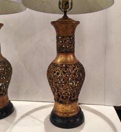 Pair of Reticulated Chinoiserie Urn Weather Gilt Table Lamps with Wood Bases