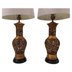 Pair of Reticulated Chinoiserie Urn Weather Gilt Table Lamps with Wood Bases