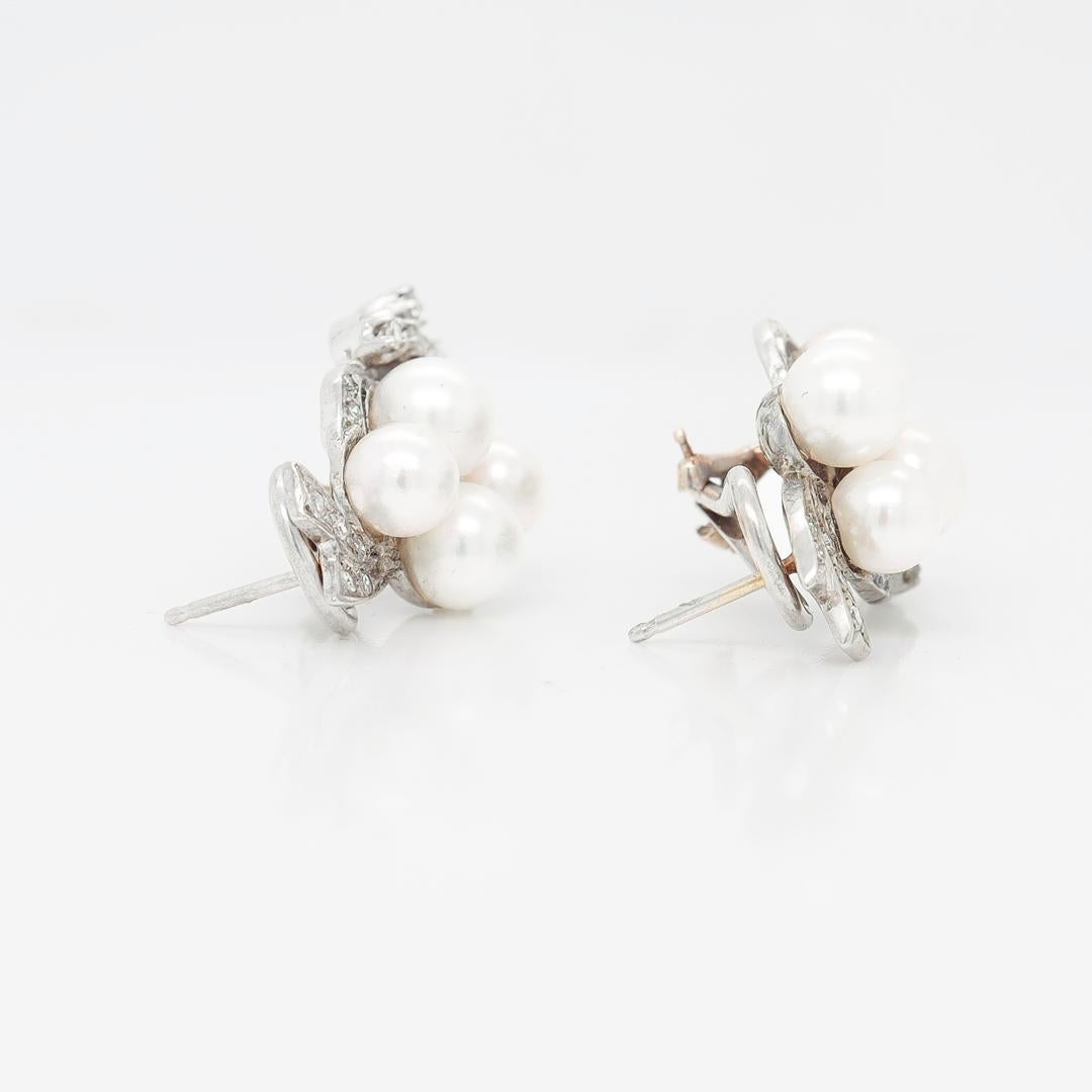 Pair of Retro 14k White Gold, Pearl, & Diamond Earrings For Sale 5