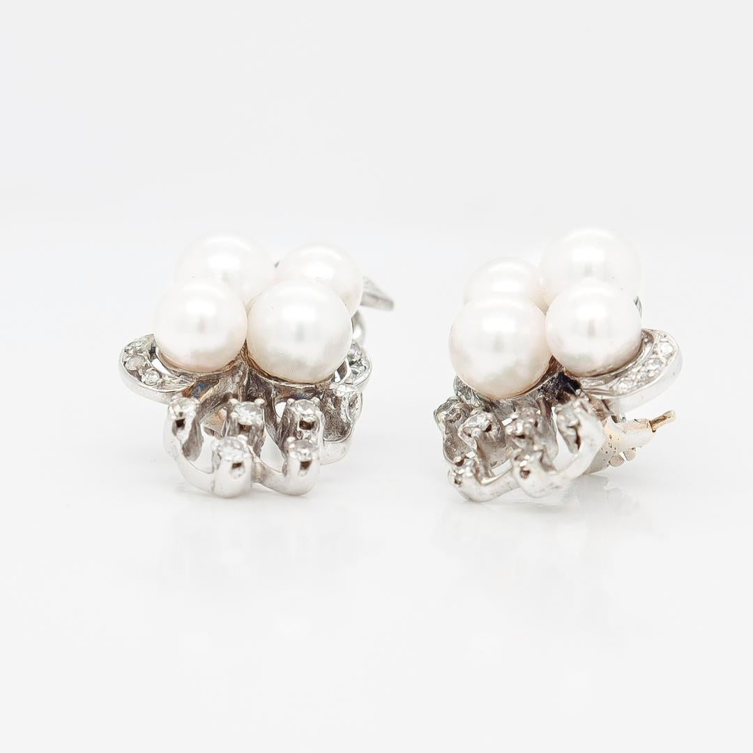 Pair of Retro 14k White Gold, Pearl, & Diamond Earrings For Sale 6