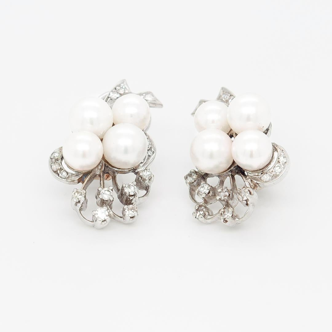 Pair of Retro 14k White Gold, Pearl, & Diamond Earrings In Fair Condition For Sale In Philadelphia, PA