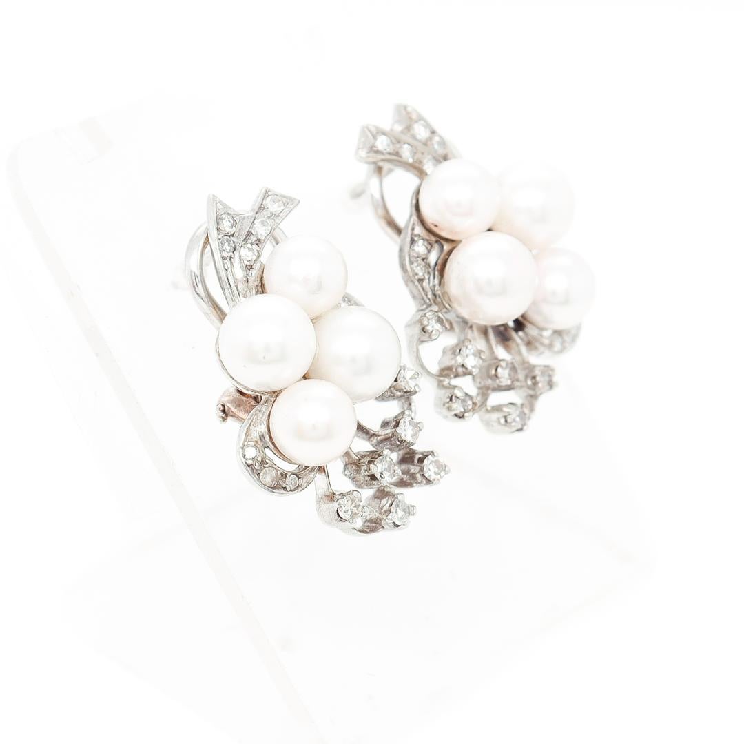 Pair of Retro 14k White Gold, Pearl, & Diamond Earrings For Sale 1