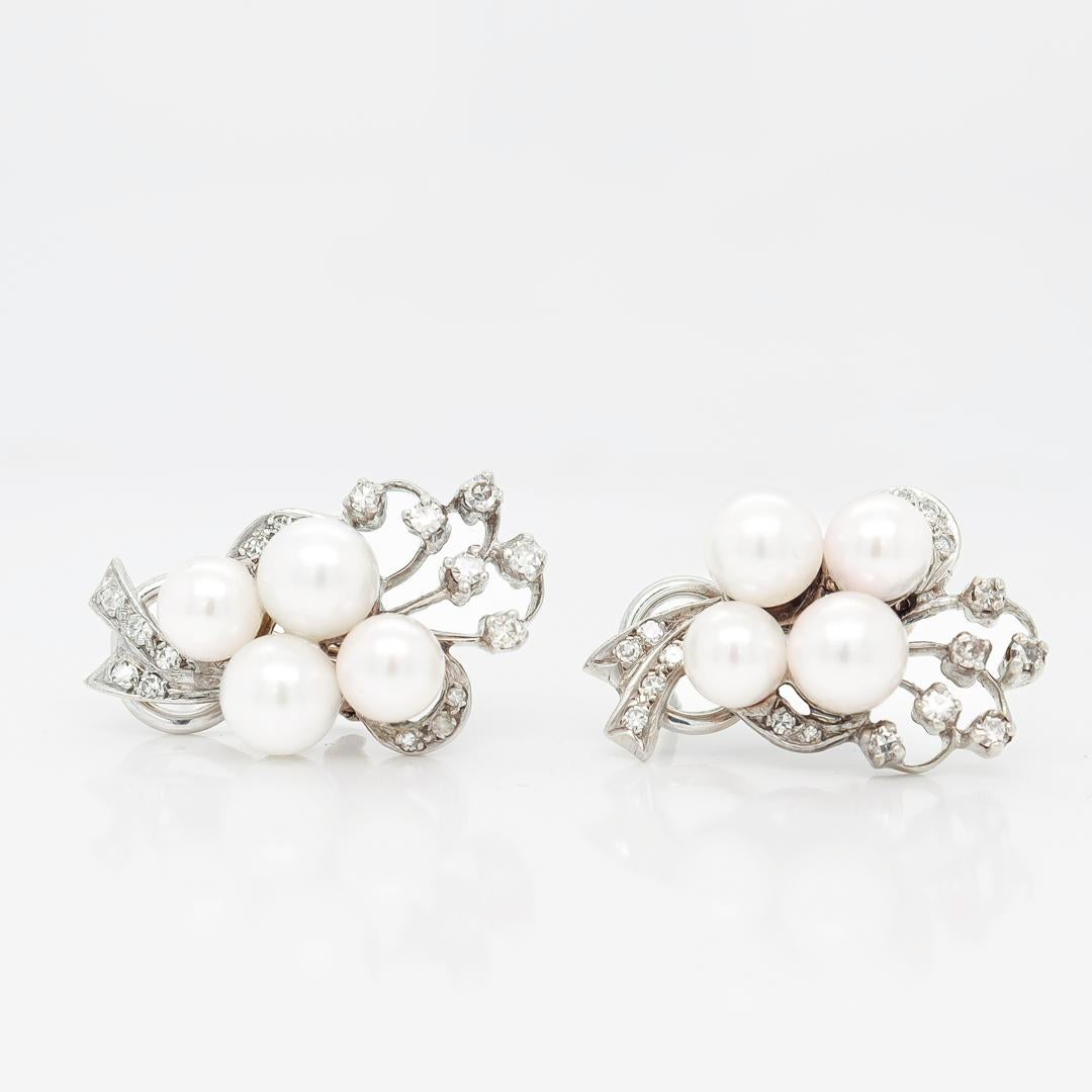 Pair of Retro 14k White Gold, Pearl, & Diamond Earrings For Sale 2