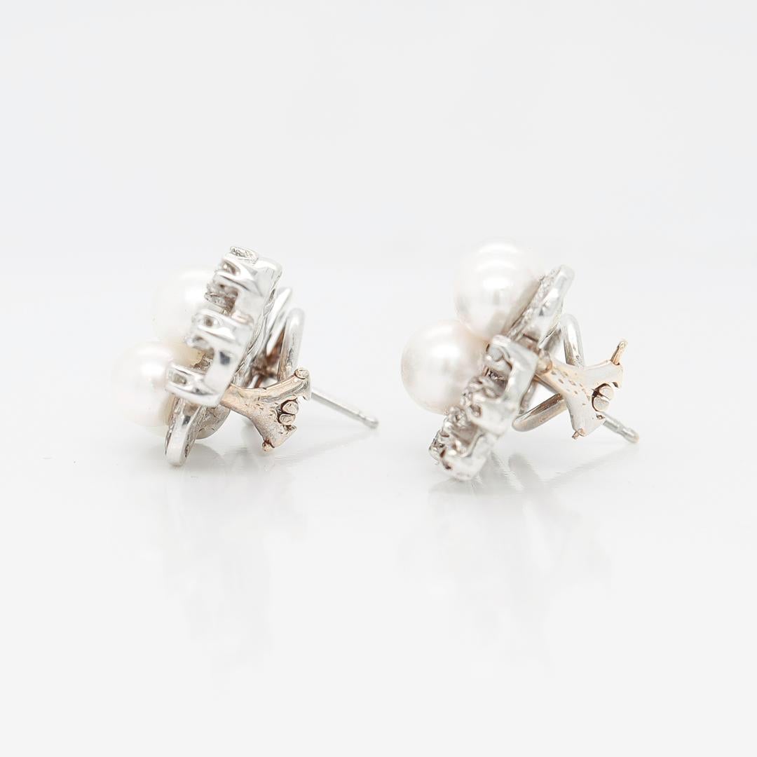 Pair of Retro 14k White Gold, Pearl, & Diamond Earrings For Sale 3