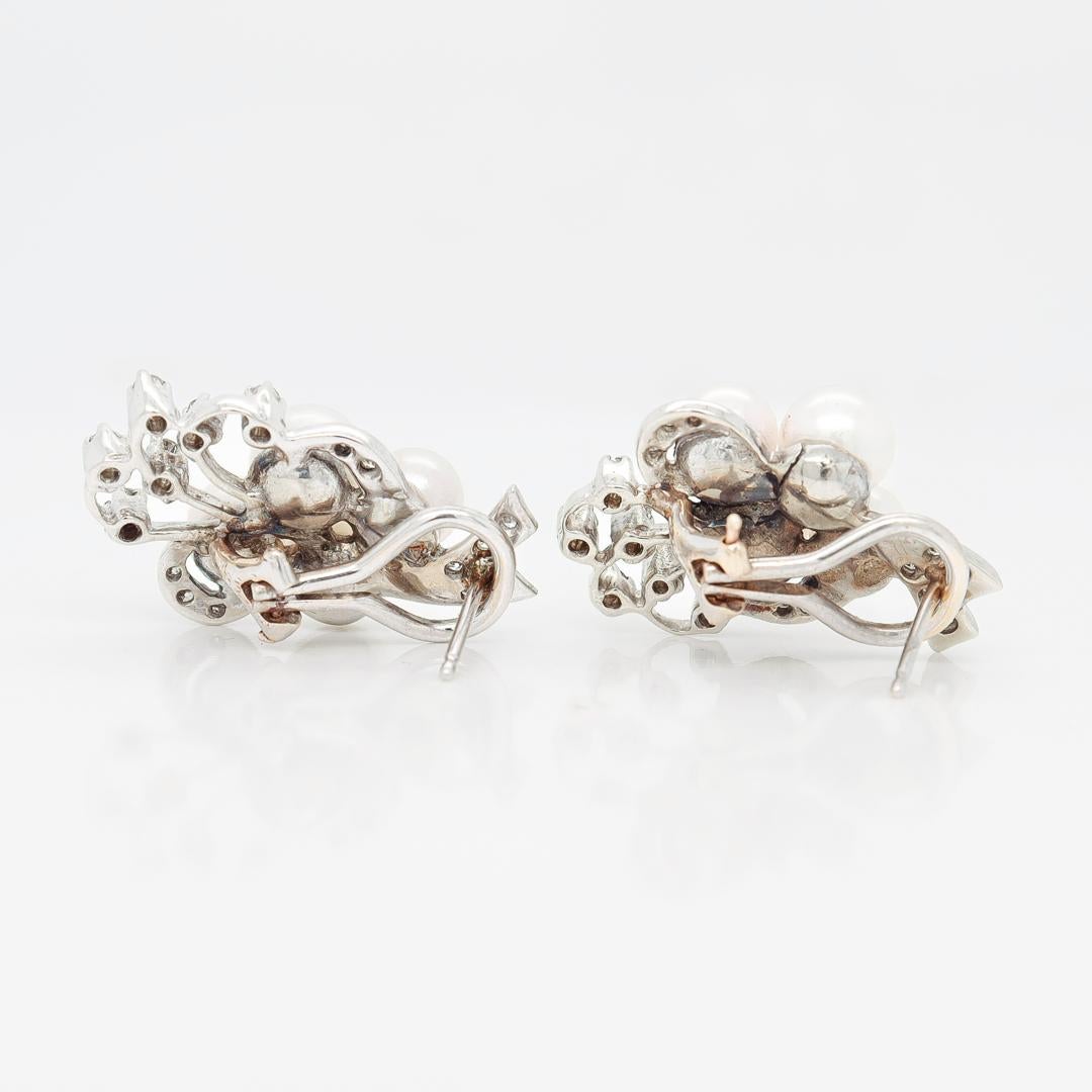 Pair of Retro 14k White Gold, Pearl, & Diamond Earrings For Sale 4