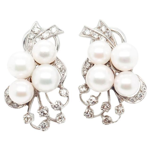 Pair of Retro 14k White Gold, Pearl, & Diamond Earrings For Sale