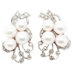 Pair of Retro 14k White Gold, Pearl, & Diamond Earrings