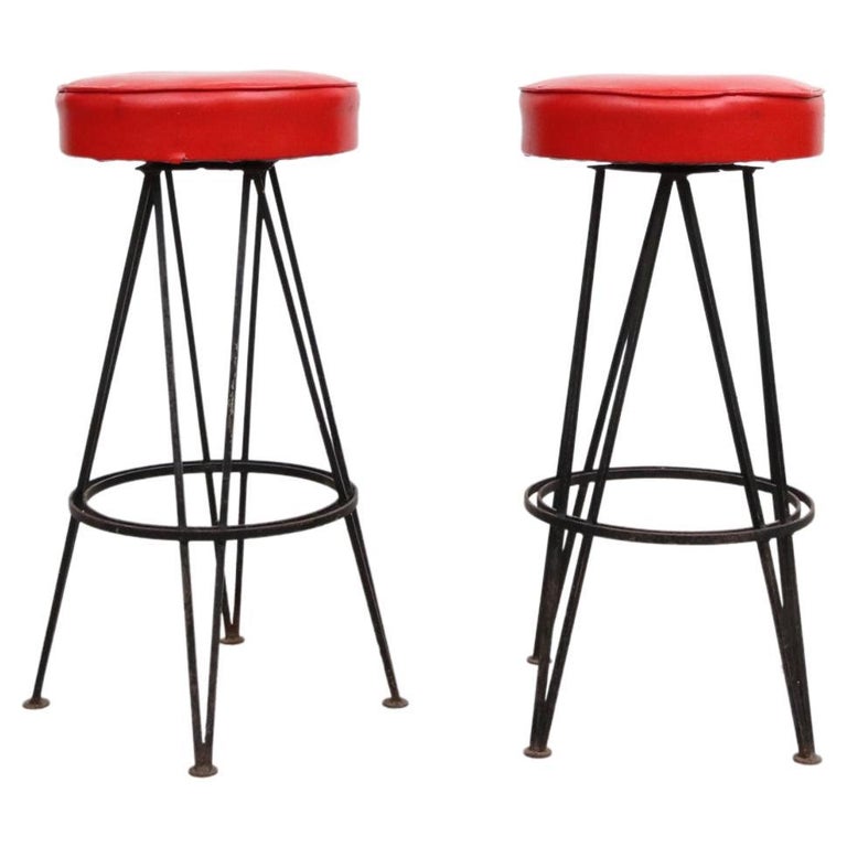Pair of Retro 50's Red Skai Bar Stools For Sale at 1stDibs