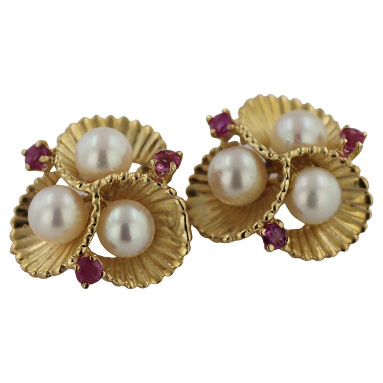Pair of Retro Cultured Pearl, Ruby, 14k Yellow Gold Necklace Enhancers