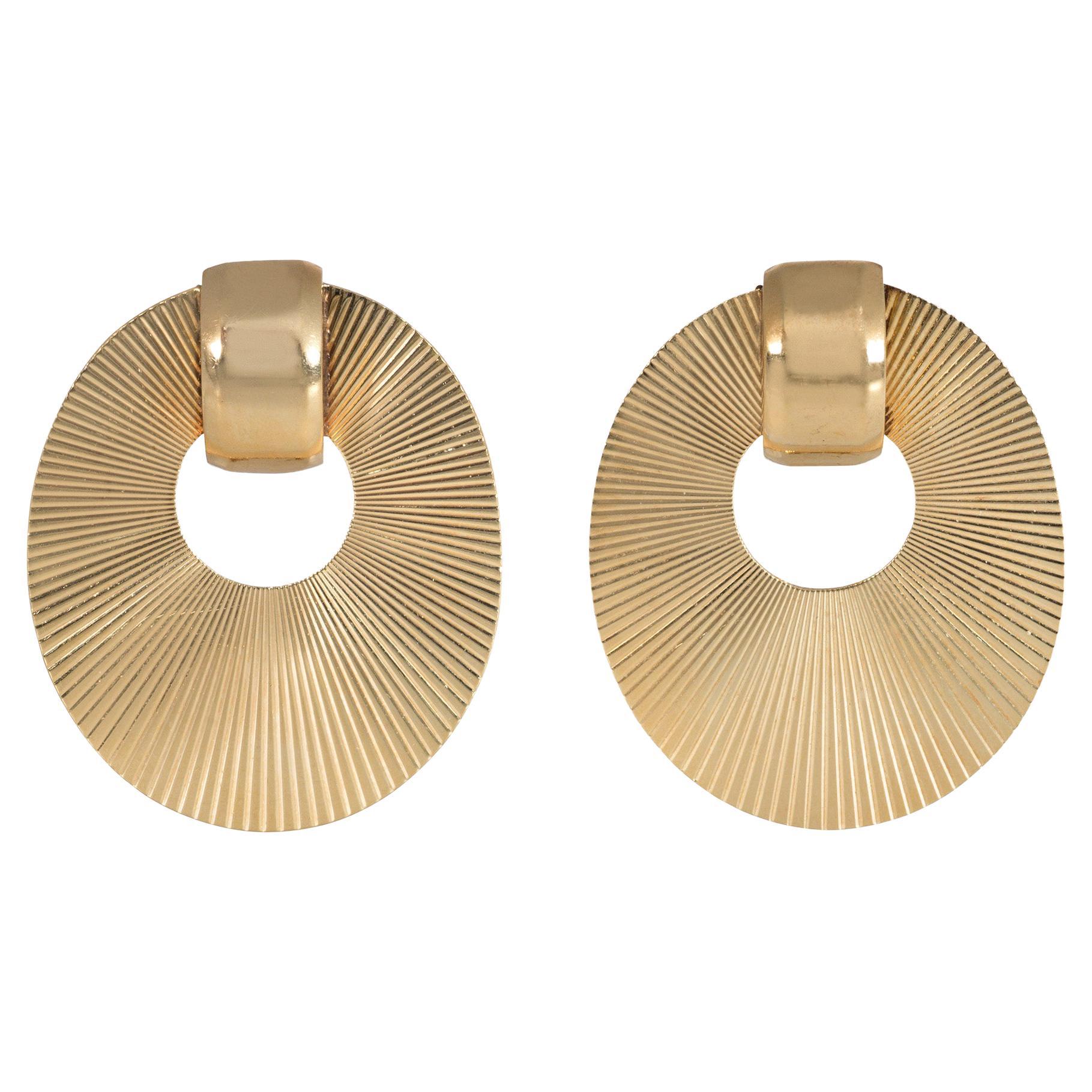 Pair of Retro Gold Oval Disk Clip Brooches with Radial Fluted Surface