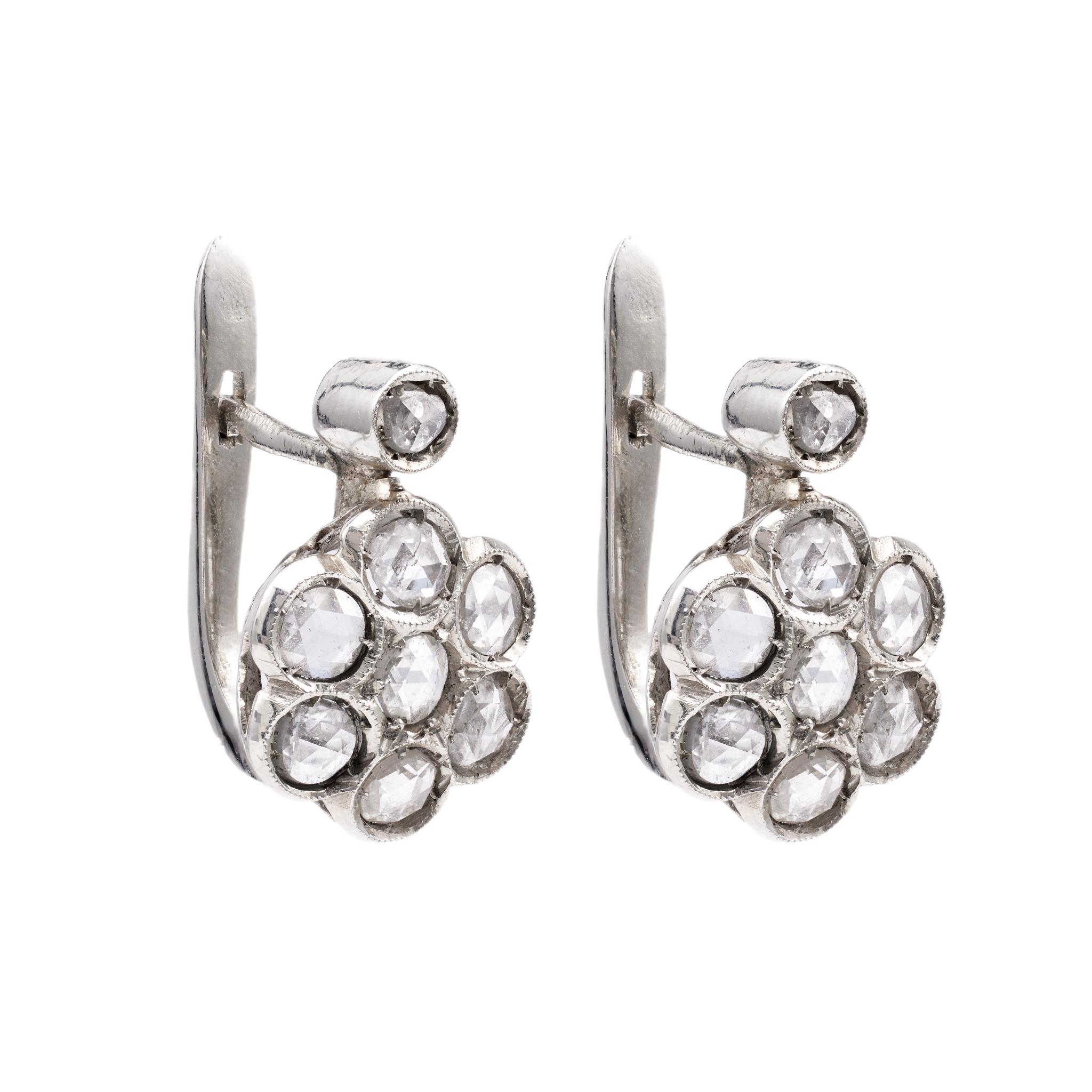 Pair of Retro Rose Cut Diamond 18k White Gold Cluster Earrings For Sale 1
