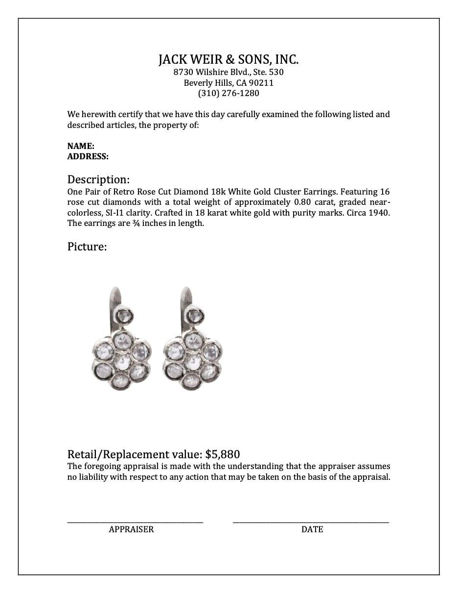 Pair of Retro Rose Cut Diamond 18k White Gold Cluster Earrings For Sale 2