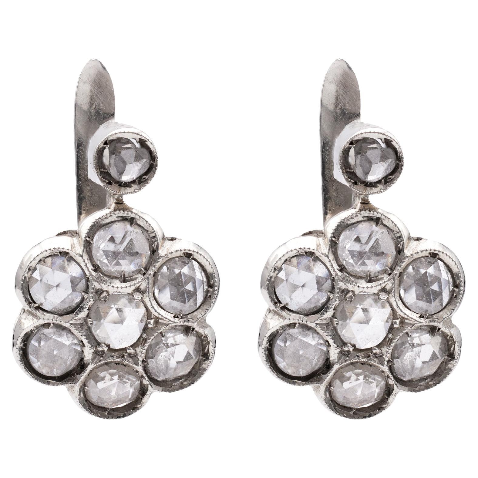 Pair of Retro Rose Cut Diamond 18k White Gold Cluster Earrings For Sale