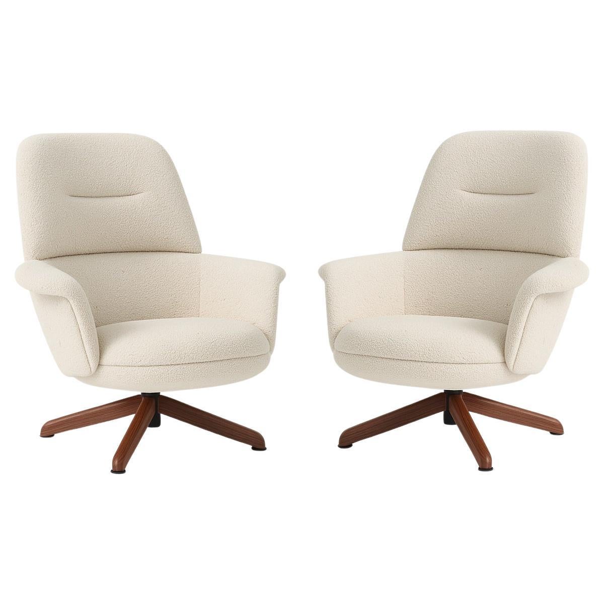 Pair of Retro Style Swivel Armchairs In Boucle' & Walnut By Sebastian Herkner For Sale