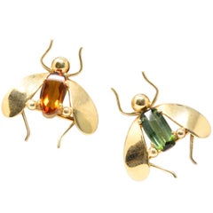 Pair of Retro Tiffany & Co. Citrine, Tourmaline and 14 Karat Gold Bug Brooches