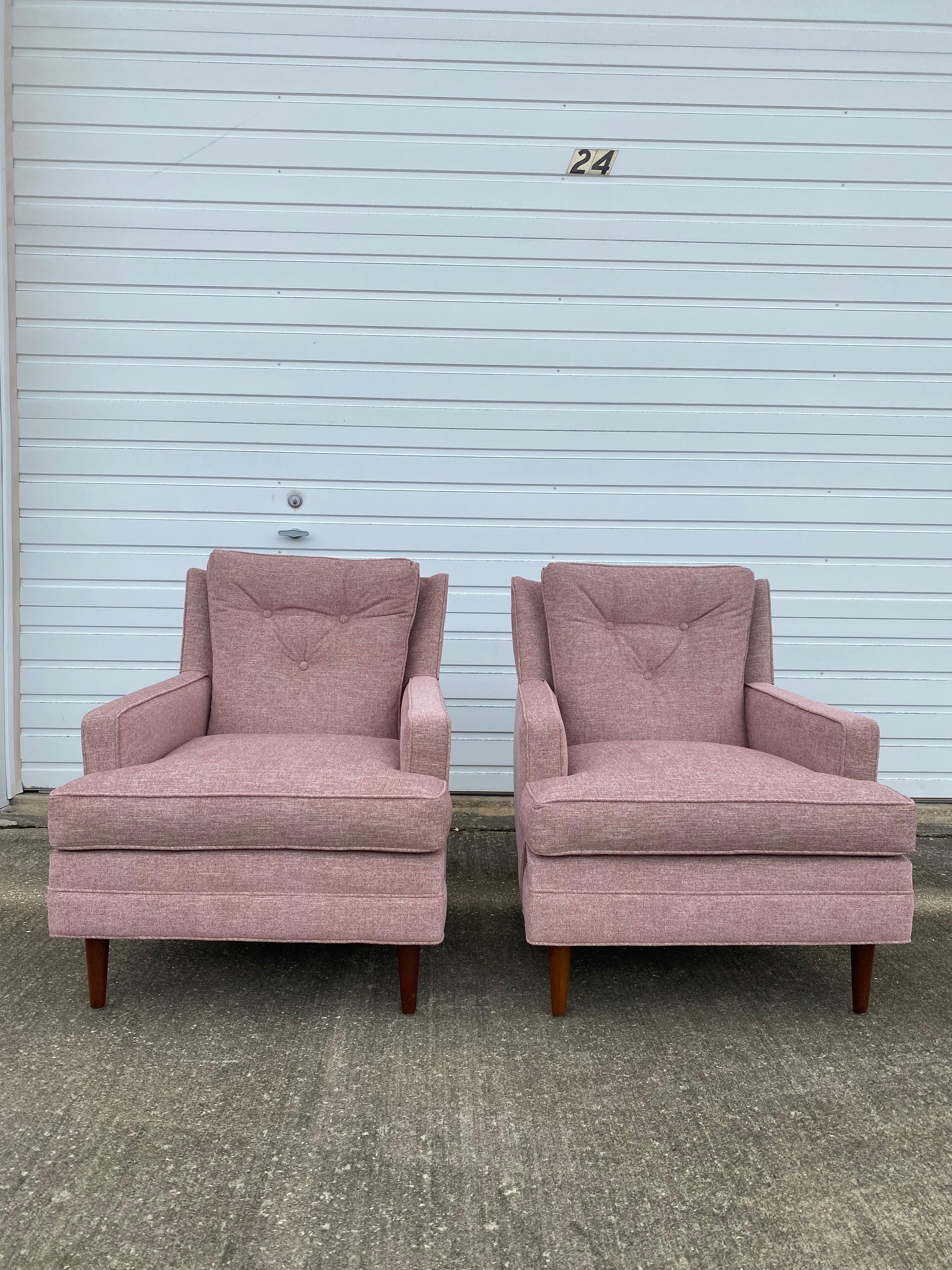 Pair of reupholstered 1960s Flair Club chairs by Bernhardt. These chairs were fully reupholstered in a Crypton 49 Mauve from Great Lakes Fabrics featuring 50,000 double rubs. This is a performance fabric that is stain-resistant. With a full
