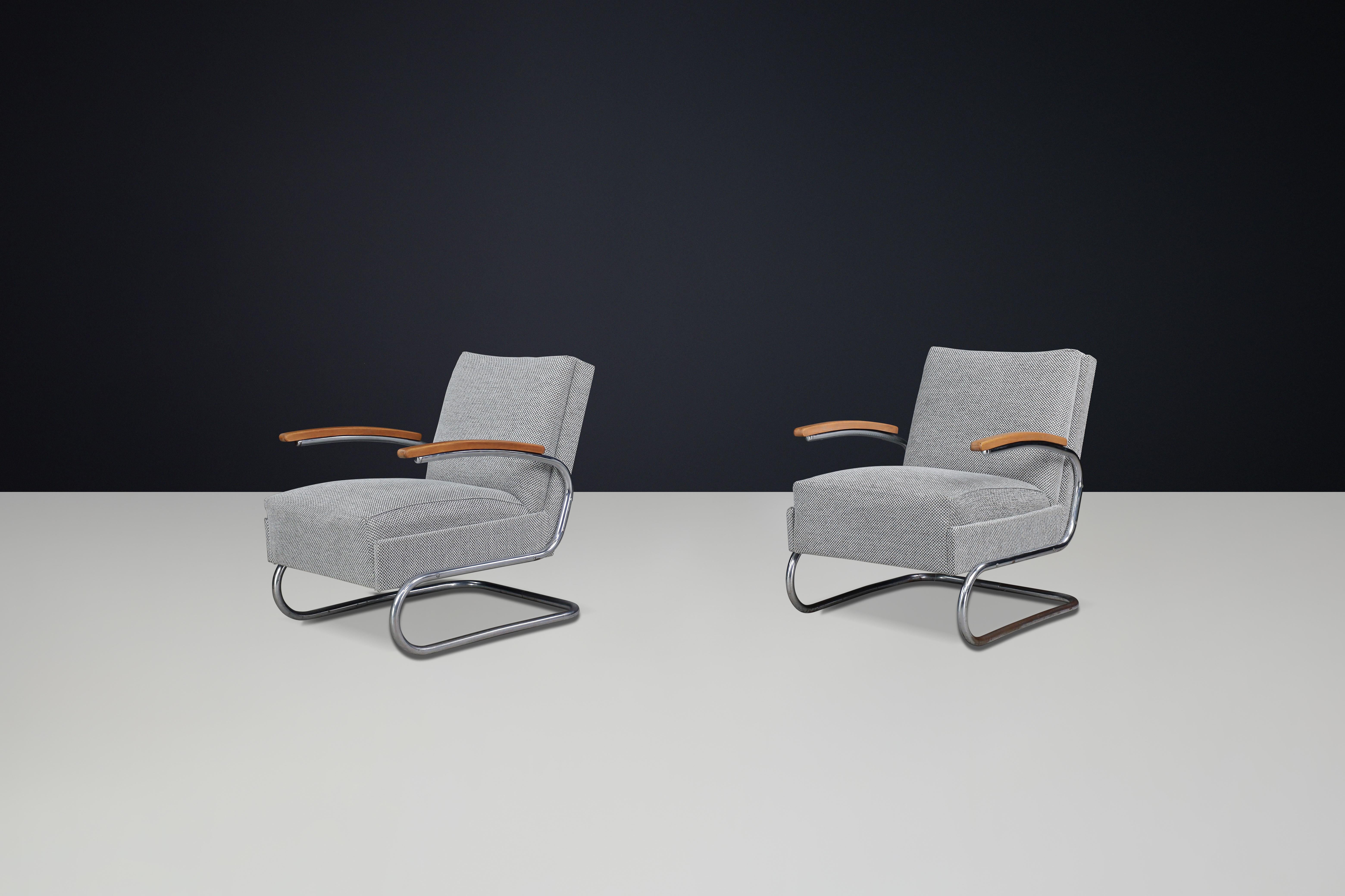 Coppia di poltrone a sbalzo Thonet di Bauhaus rivestite, in acciaio tubolare, 1935 in vendita 4