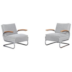 Pair of Reupholstered Bauhaus Thonet Cantilever Armchairs in Tubular Steel, 1935