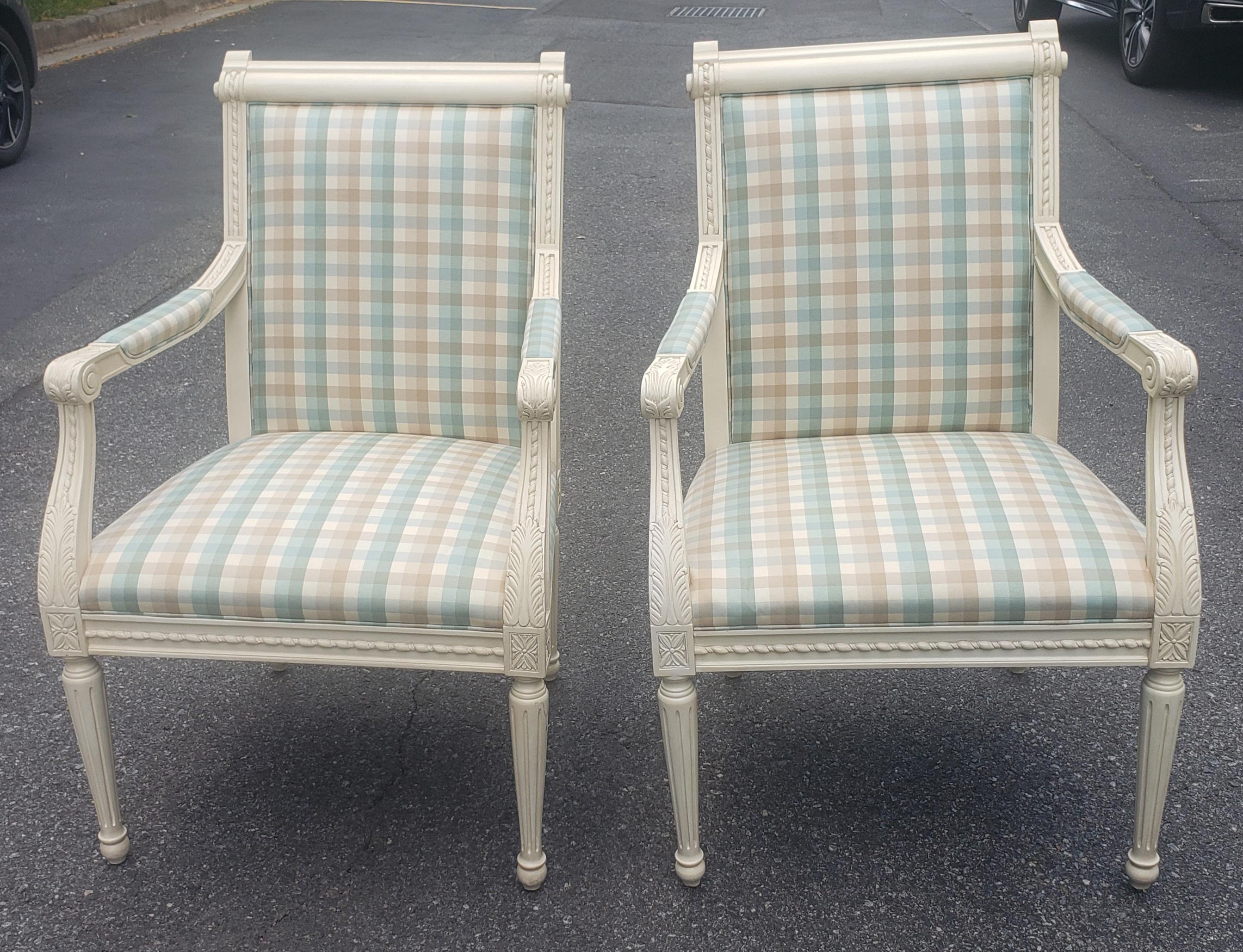 Pair of Reupholstered Carved Mahogany Barlfour Frames Chairs with beautiful carving. Recently reupholstered and painted in cream lacquer. Great condition. Very clean.