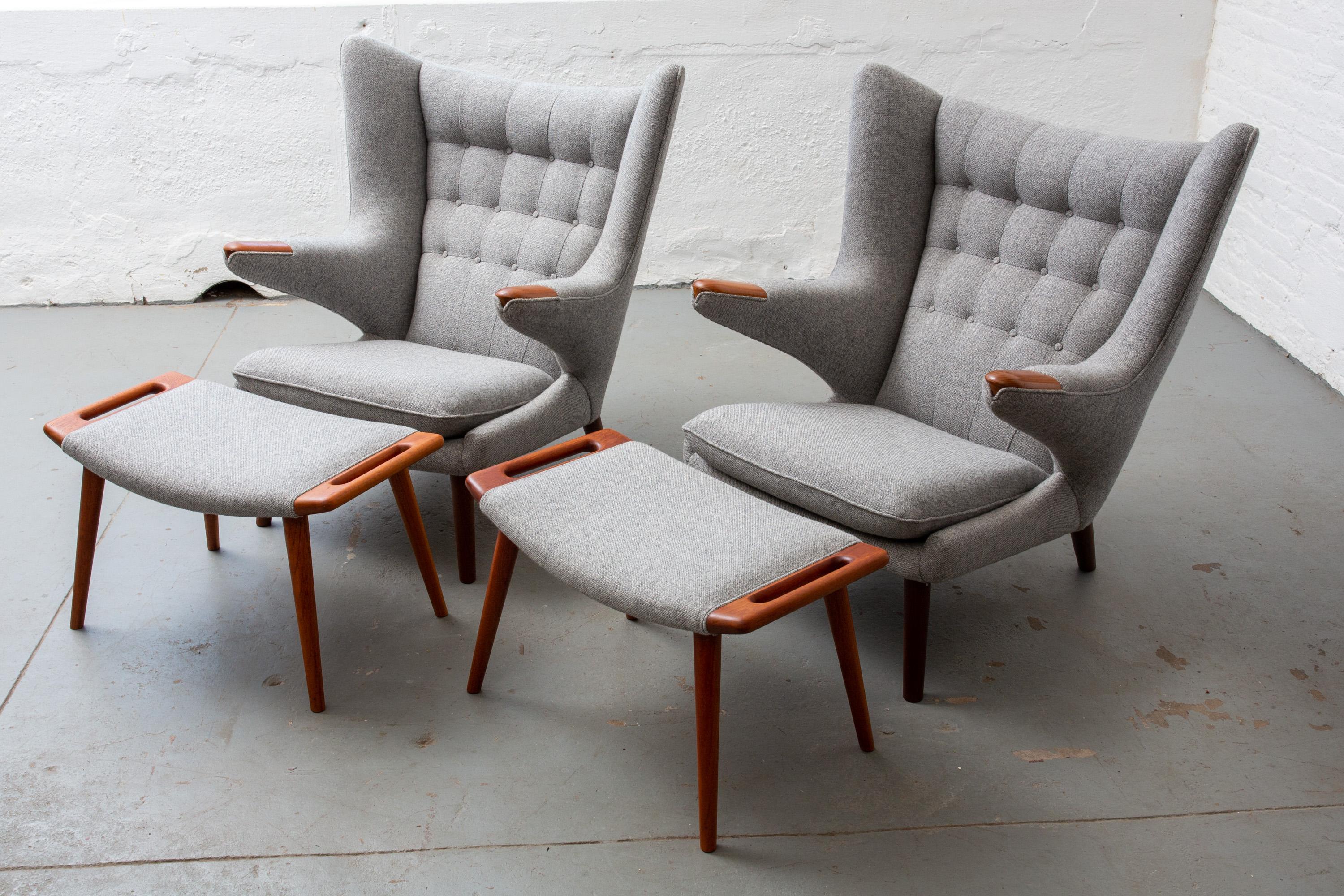 Pair of Hans Wegner Papa Bear Chairs with Ottomans 1