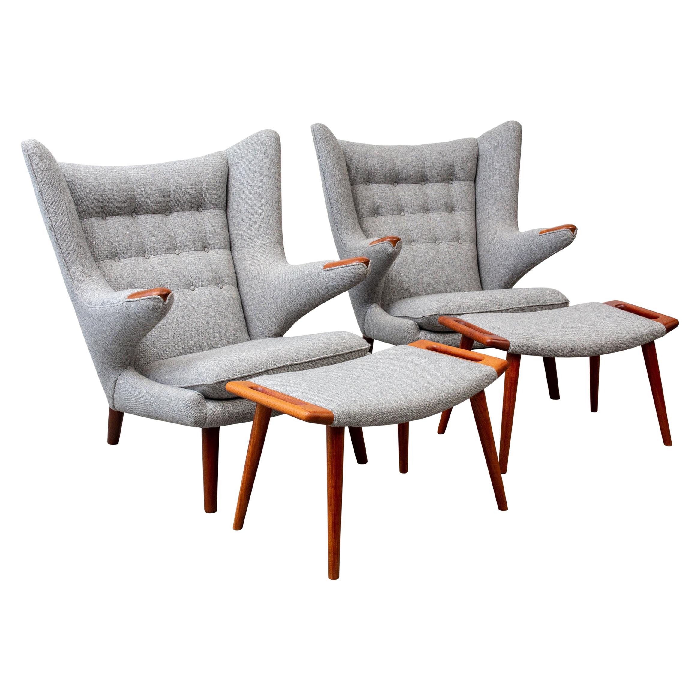 Pair of Hans Wegner Papa Bear Chairs with Ottomans