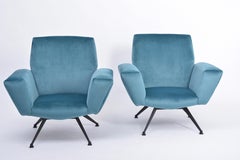 Pair of Reupholstered Teal colored Italian Lounge Chairs by Lenzi, 1950s
