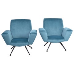 Pair of Reupholstered Teal colored Italian Lounge Chairs by Lenzi, 1950s
