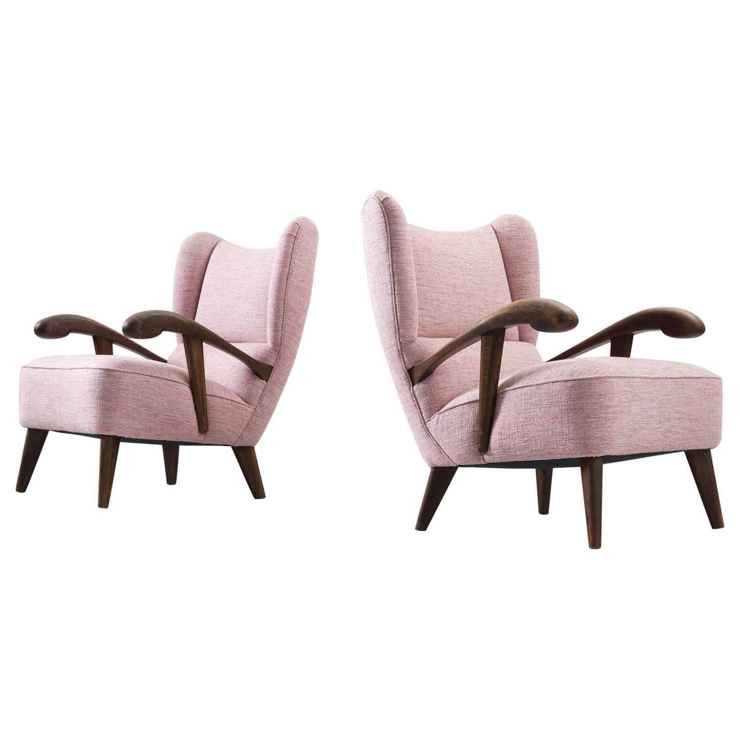Pair of Reupholstered Lounge Chairs with Sculptural Wooden Frame