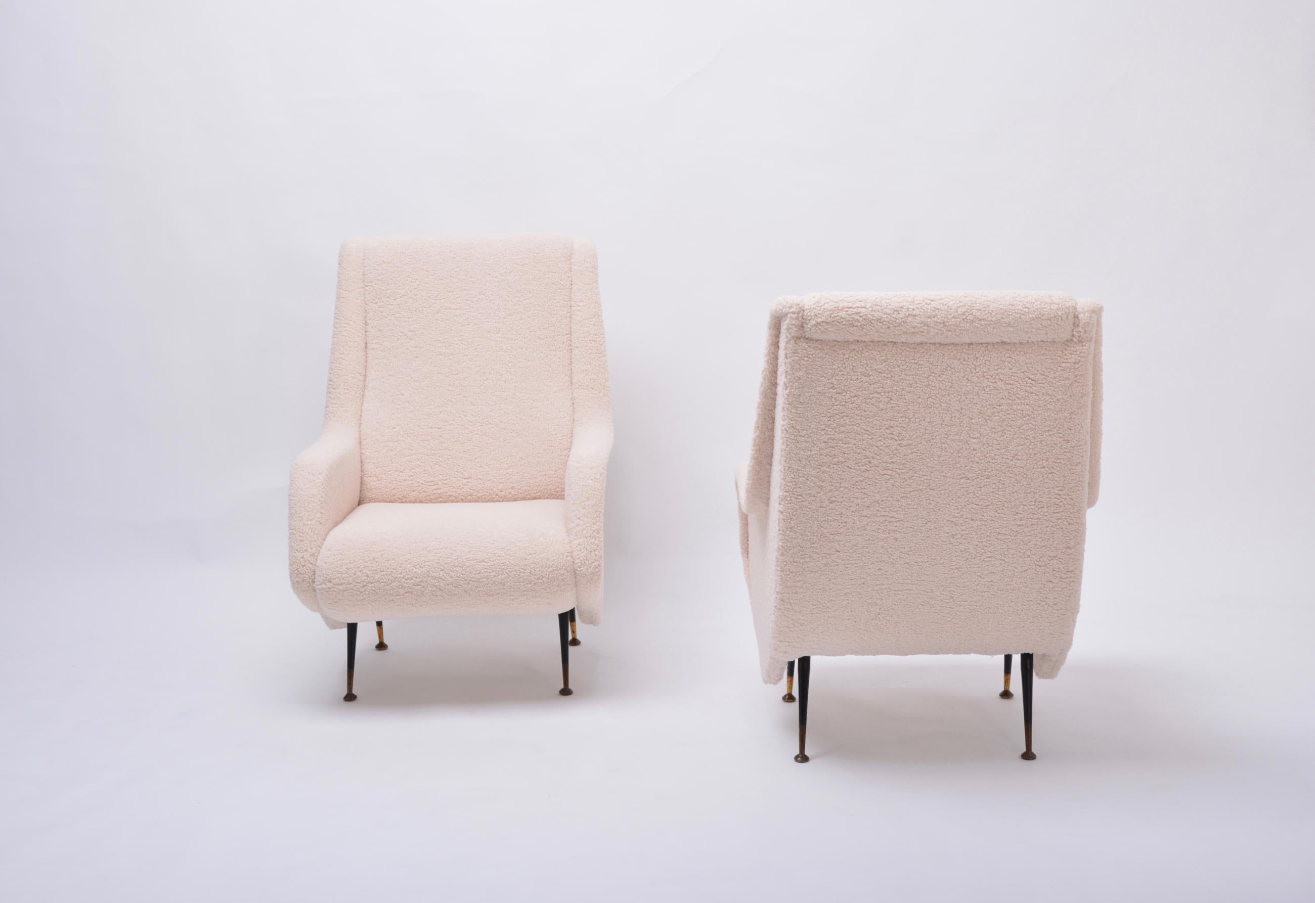 Fabric Pair of Reupholstered Mid-Century Italian Armchairs in the Style of A. Morbelli