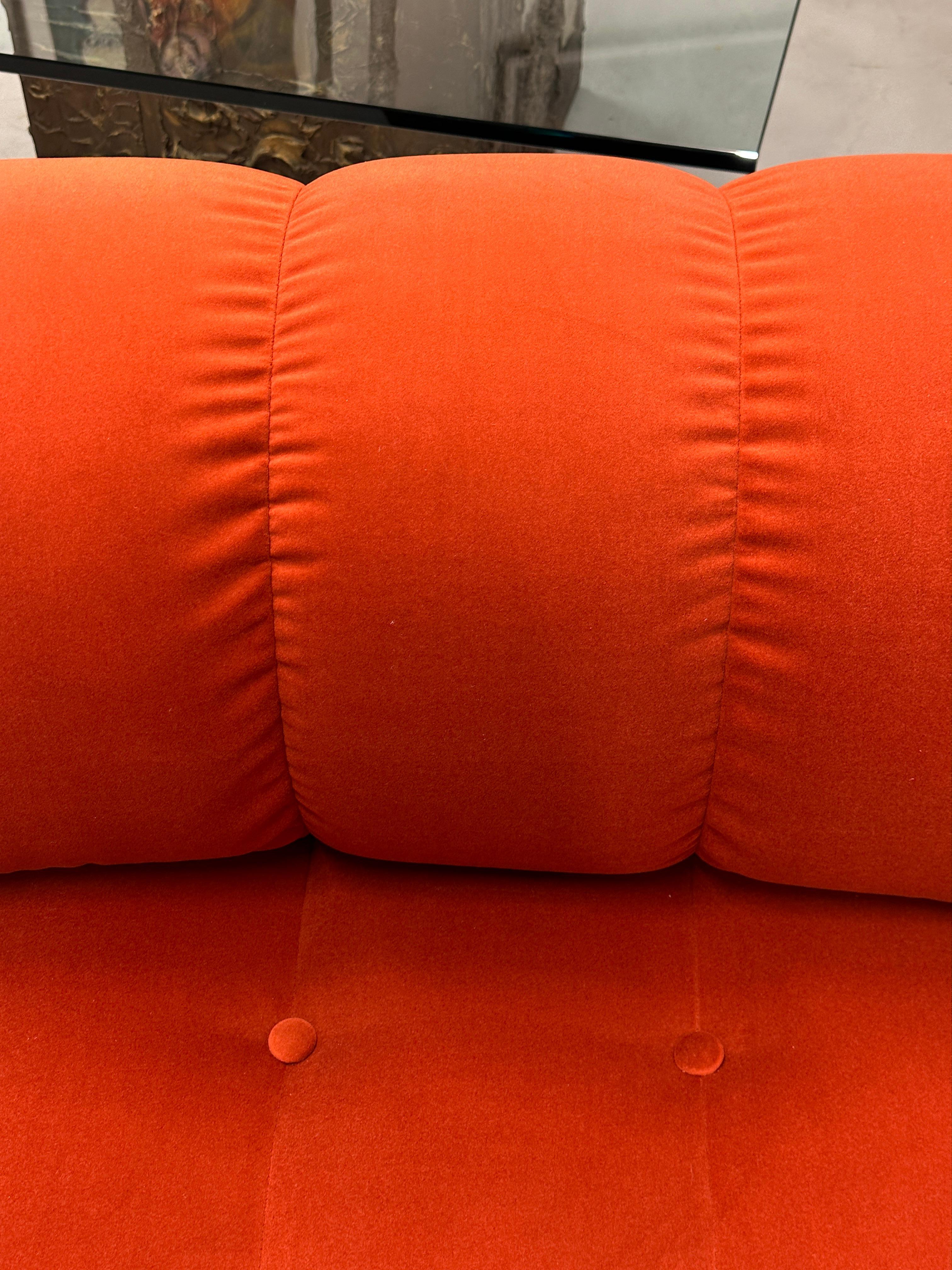 Pair of Reupholstered Orange Velvet Rouched and Tufted Chairs For Sale 3