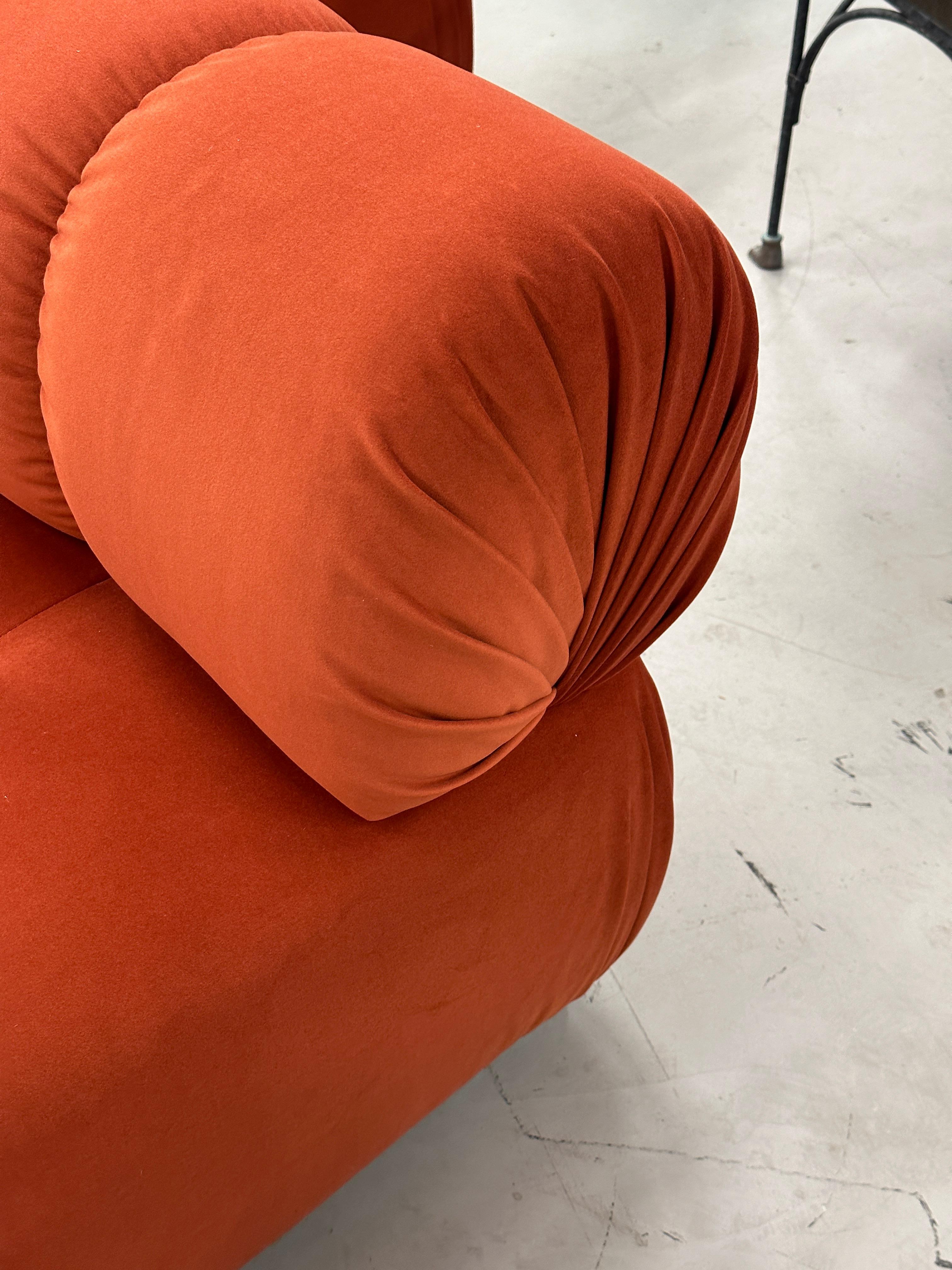 Pair of Reupholstered Orange Velvet Rouched and Tufted Chairs For Sale 7