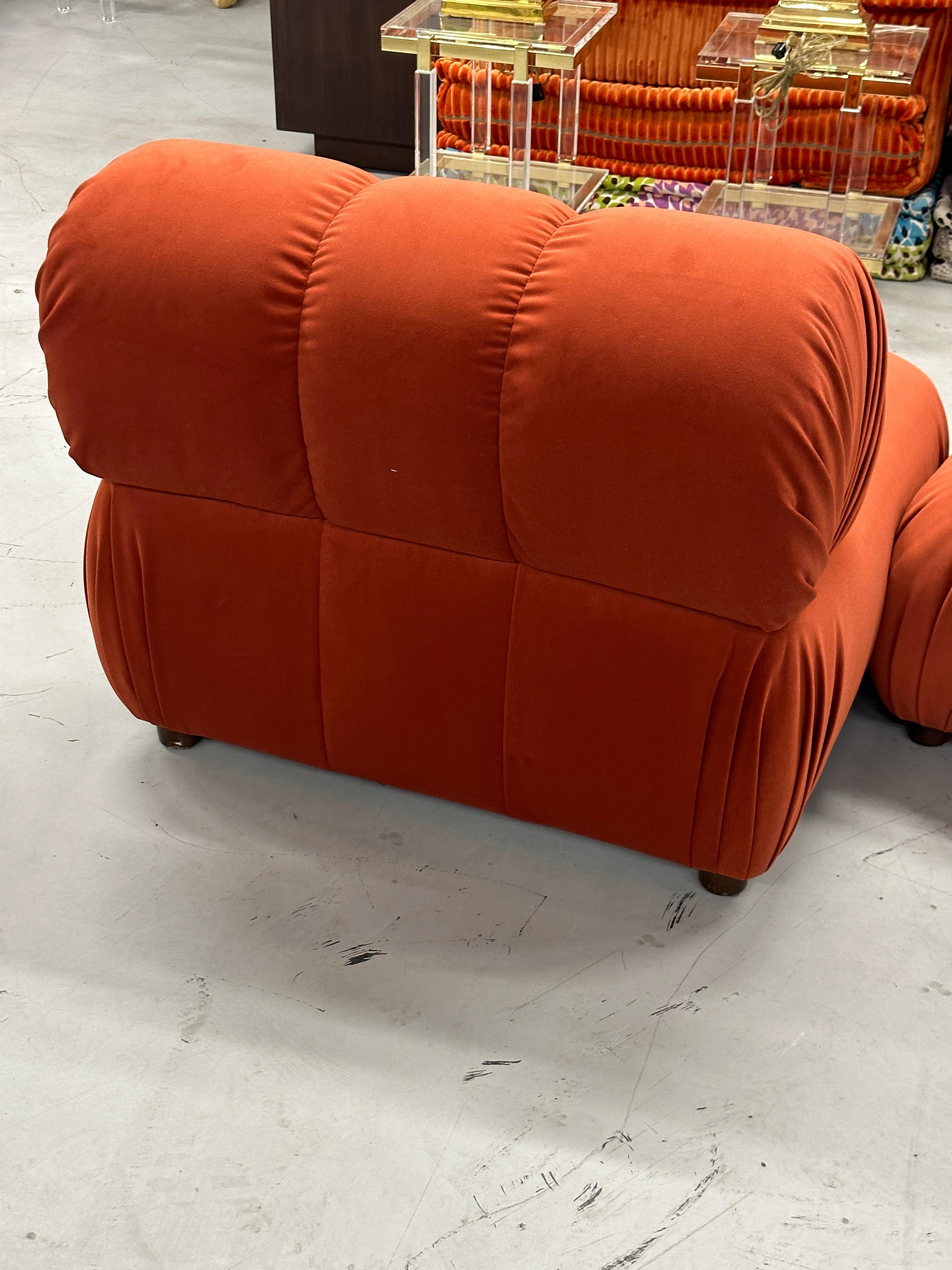 Pair of Reupholstered Orange Velvet Rouched and Tufted Chairs For Sale 8