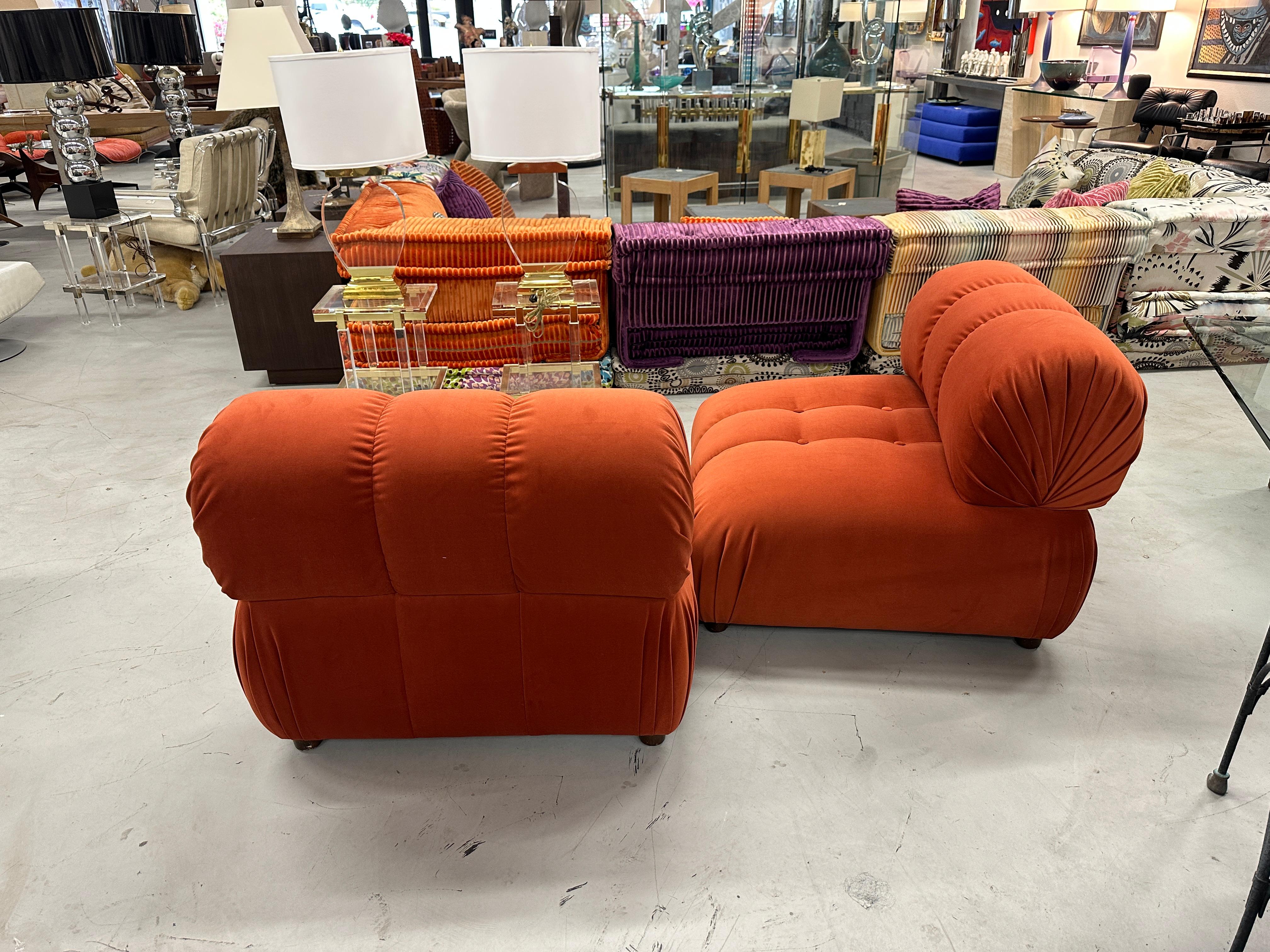 Pair of Reupholstered Orange Velvet Rouched and Tufted Chairs For Sale 9