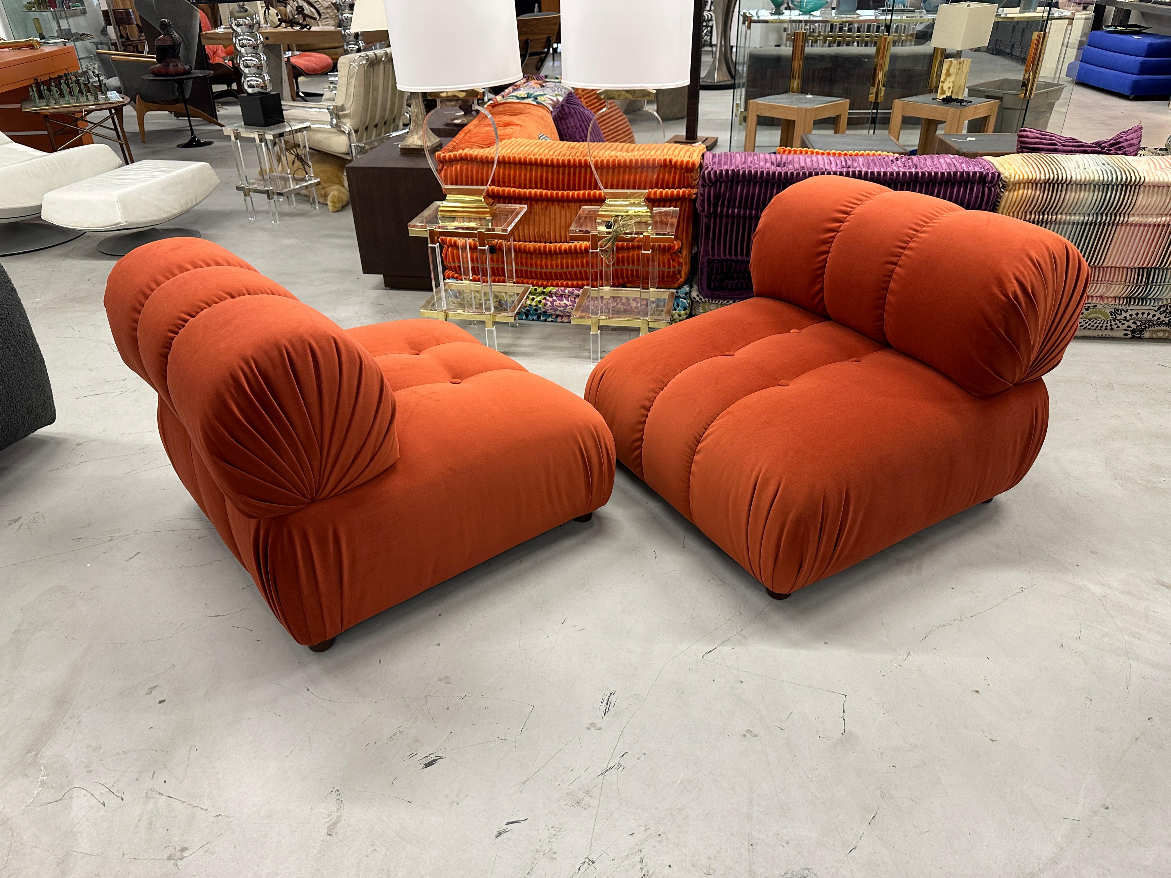Pair of Reupholstered Orange Velvet Rouched and Tufted Chairs For Sale 10