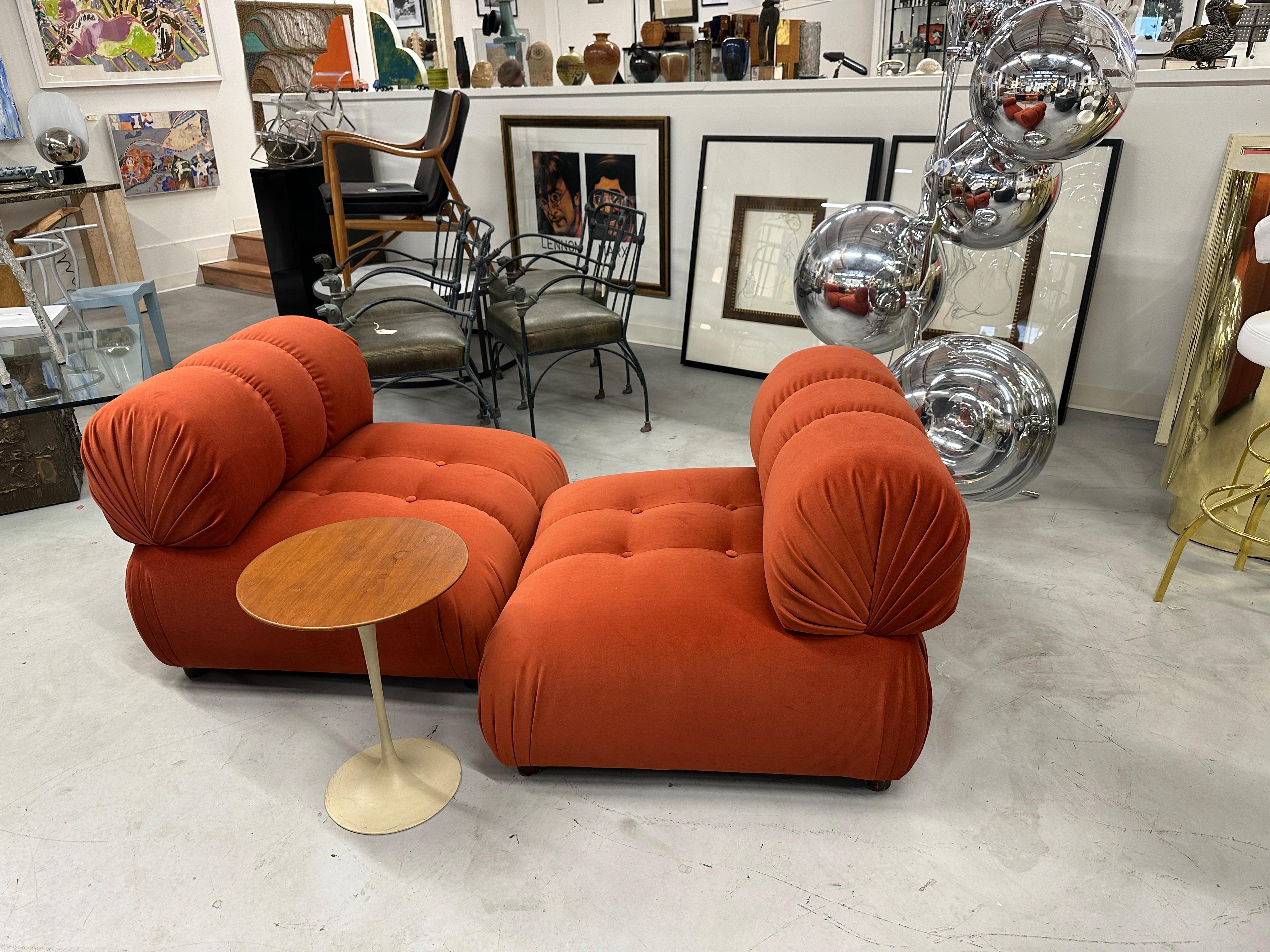 Pair of Reupholstered Orange Velvet Rouched and Tufted Chairs For Sale 11