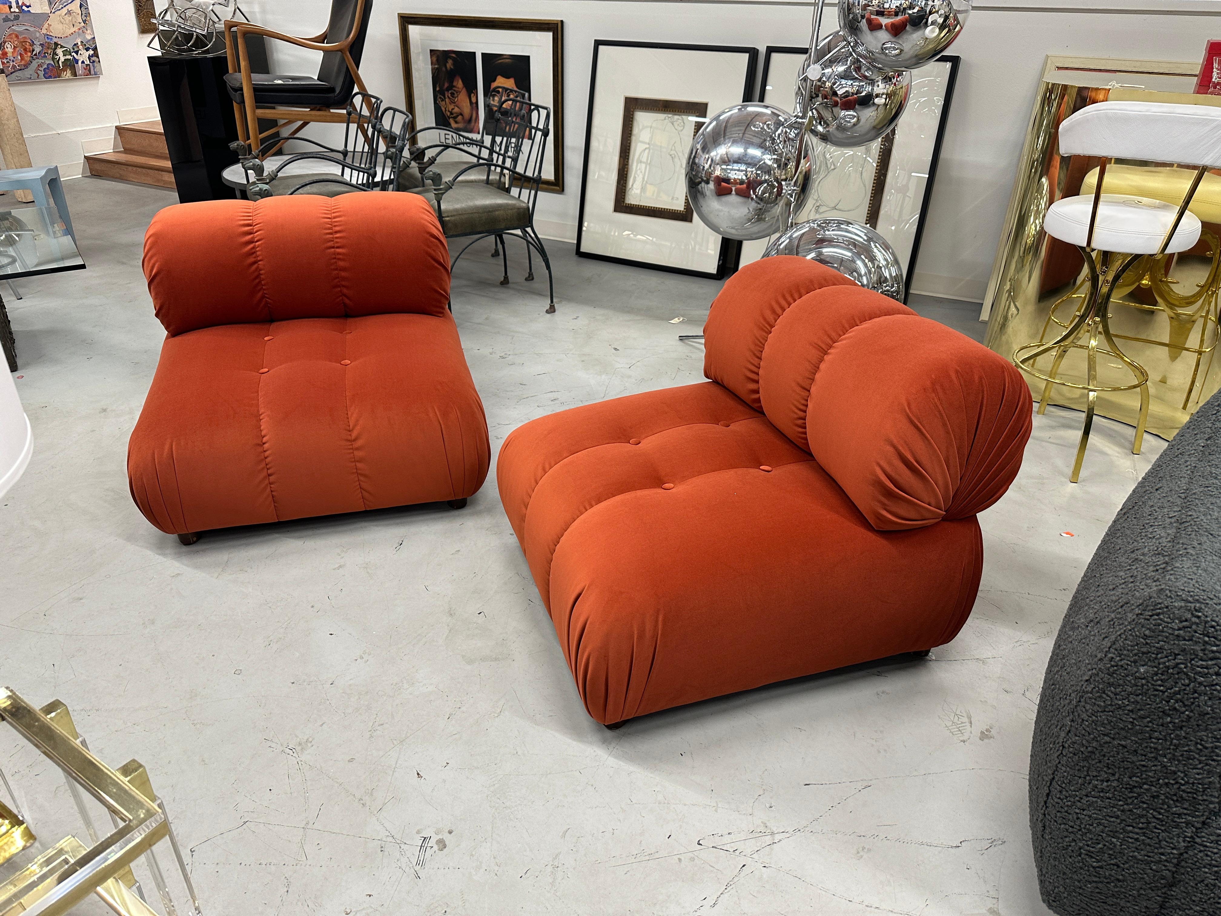 American Pair of Reupholstered Orange Velvet Rouched and Tufted Chairs For Sale
