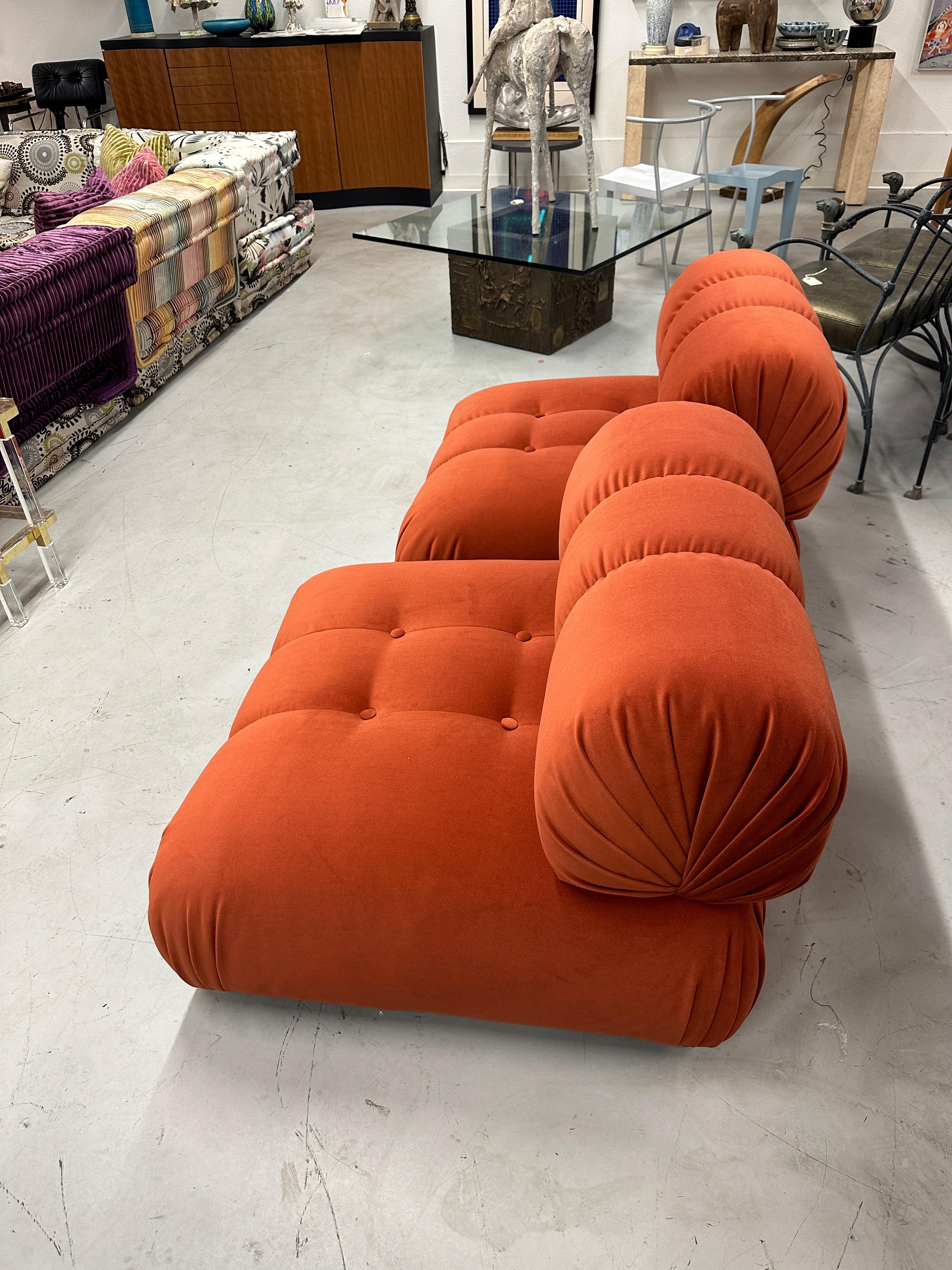 Hand-Crafted Pair of Reupholstered Orange Velvet Rouched and Tufted Chairs For Sale
