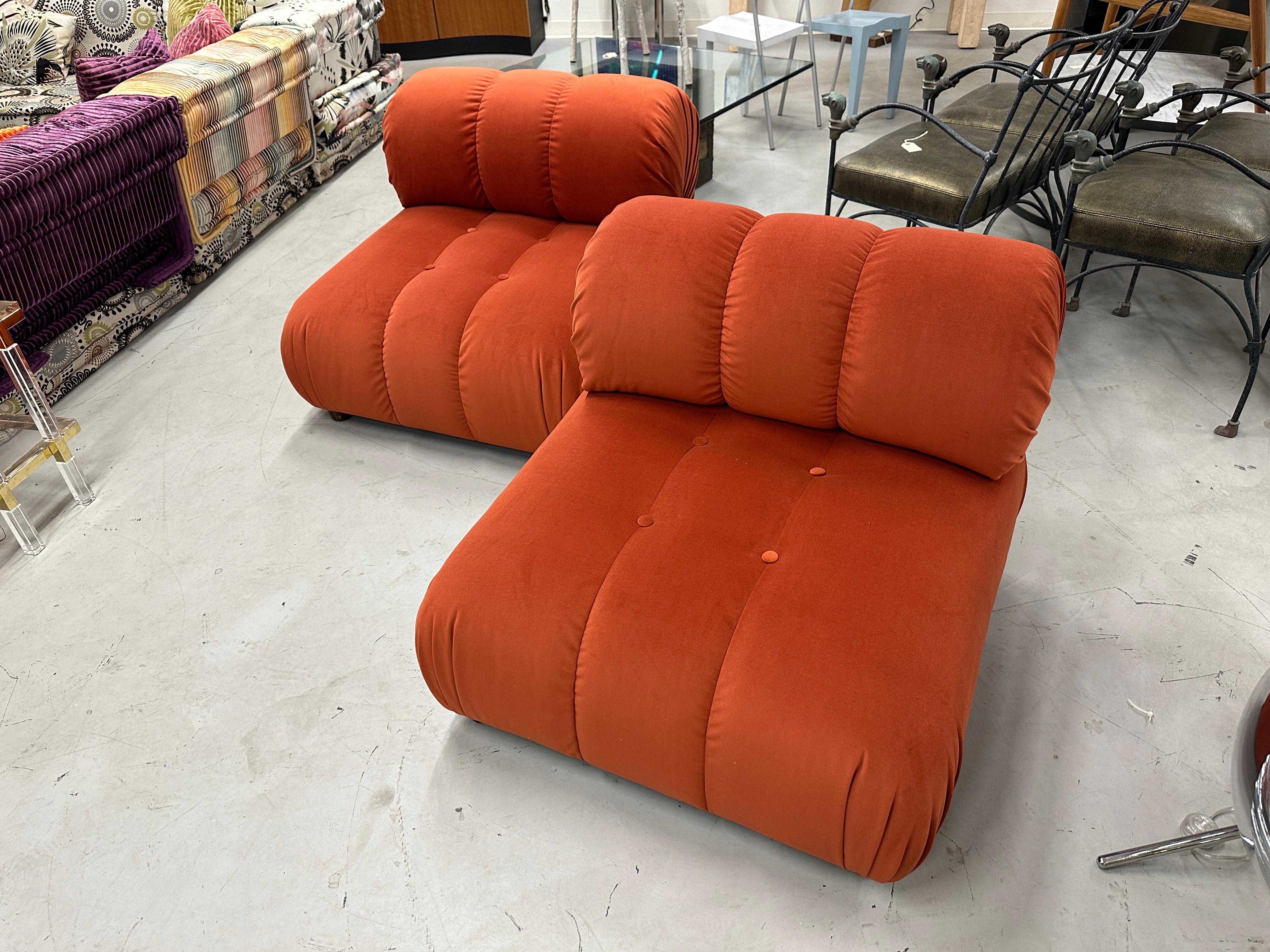 Pair of Reupholstered Orange Velvet Rouched and Tufted Chairs In Good Condition For Sale In Palm Springs, CA