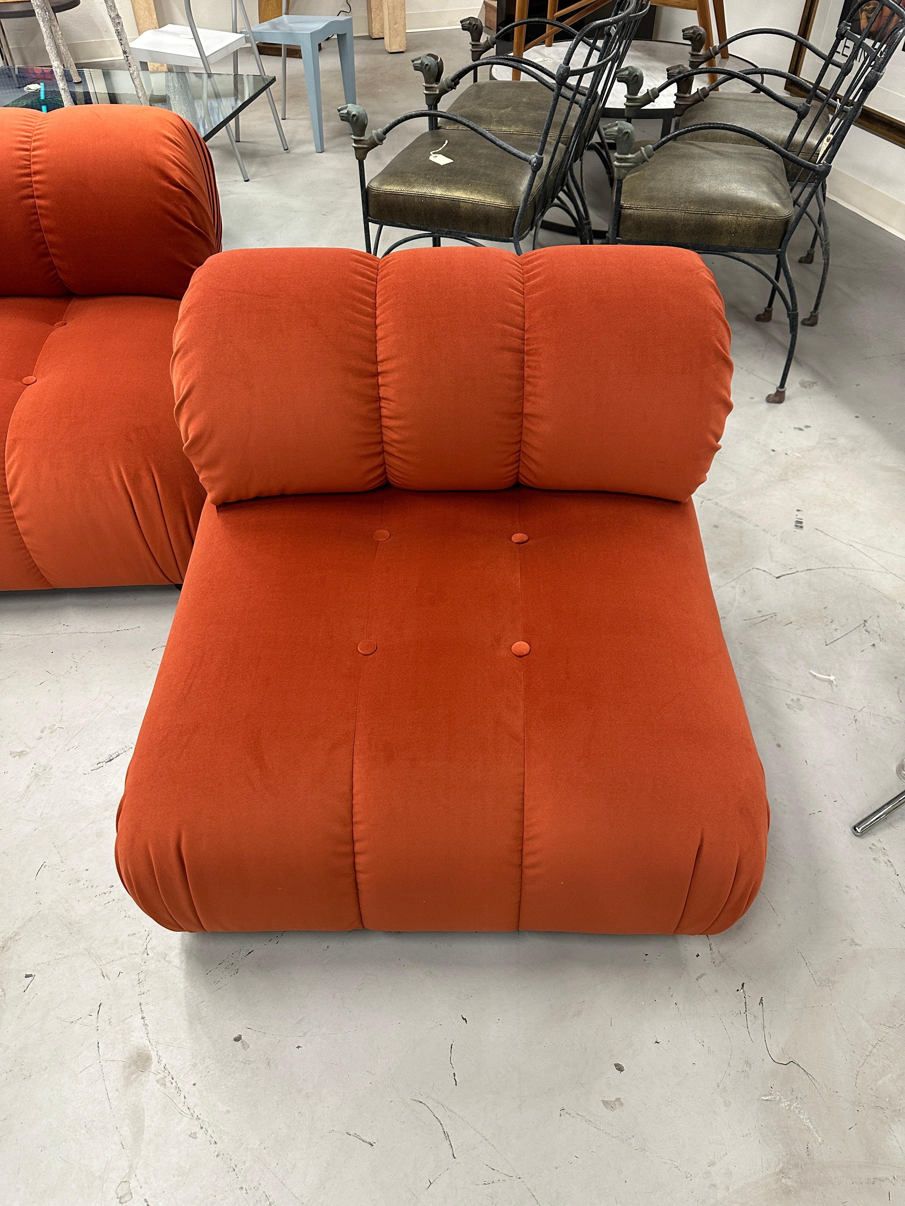 Fabric Pair of Reupholstered Orange Velvet Rouched and Tufted Chairs For Sale