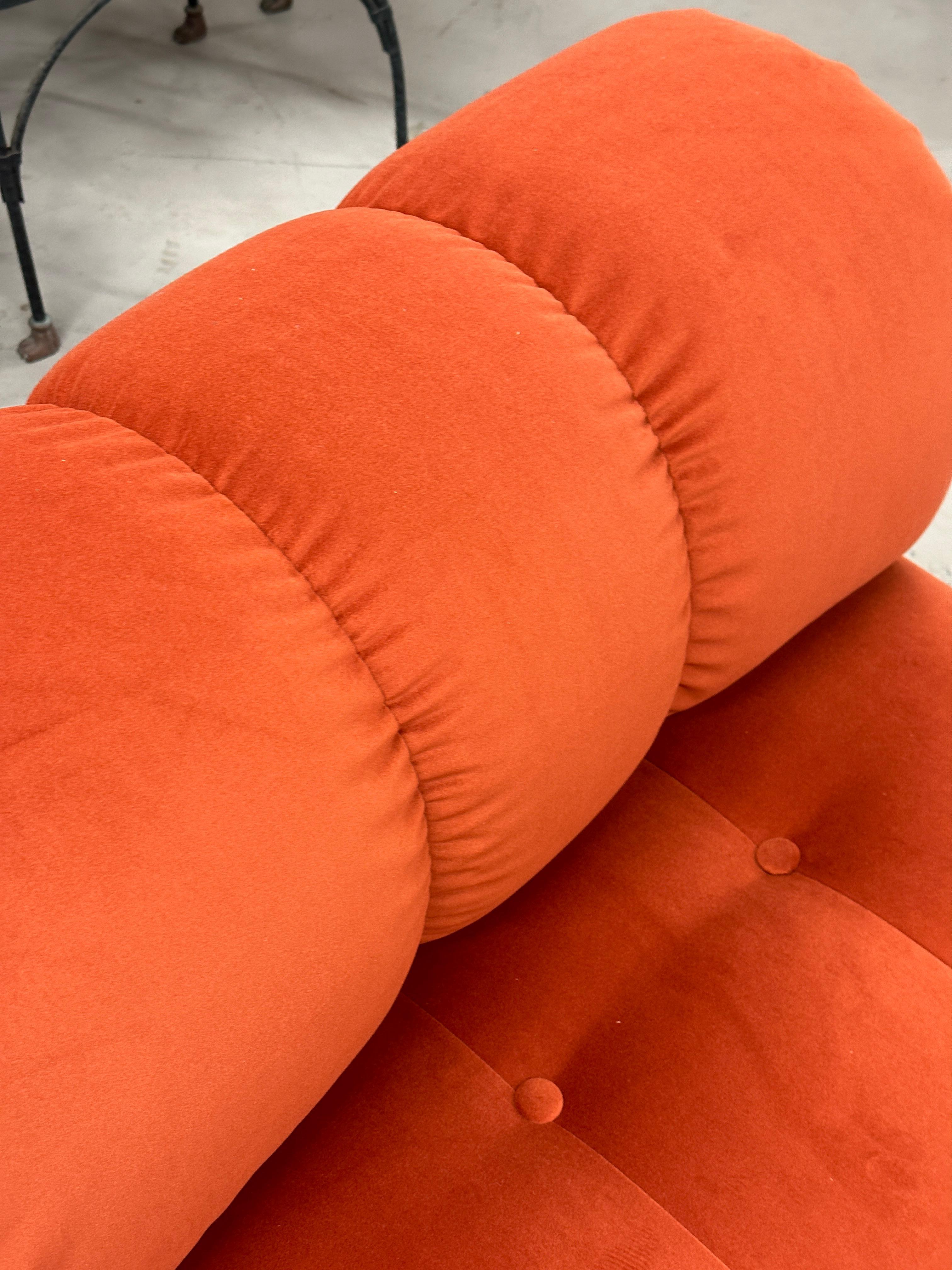 Pair of Reupholstered Orange Velvet Rouched and Tufted Chairs For Sale 1