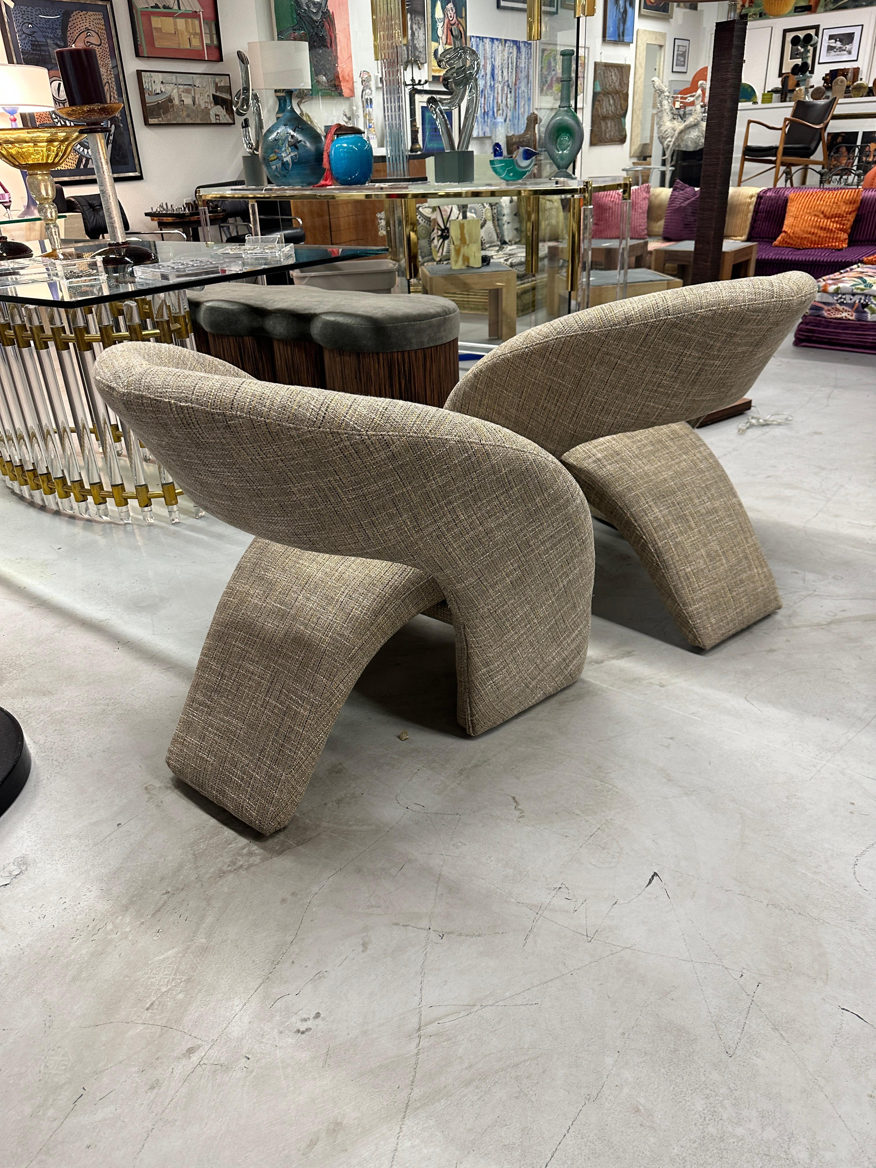 Hand-Crafted Pair of Reupholstered Post Modern Sculptural Chairs