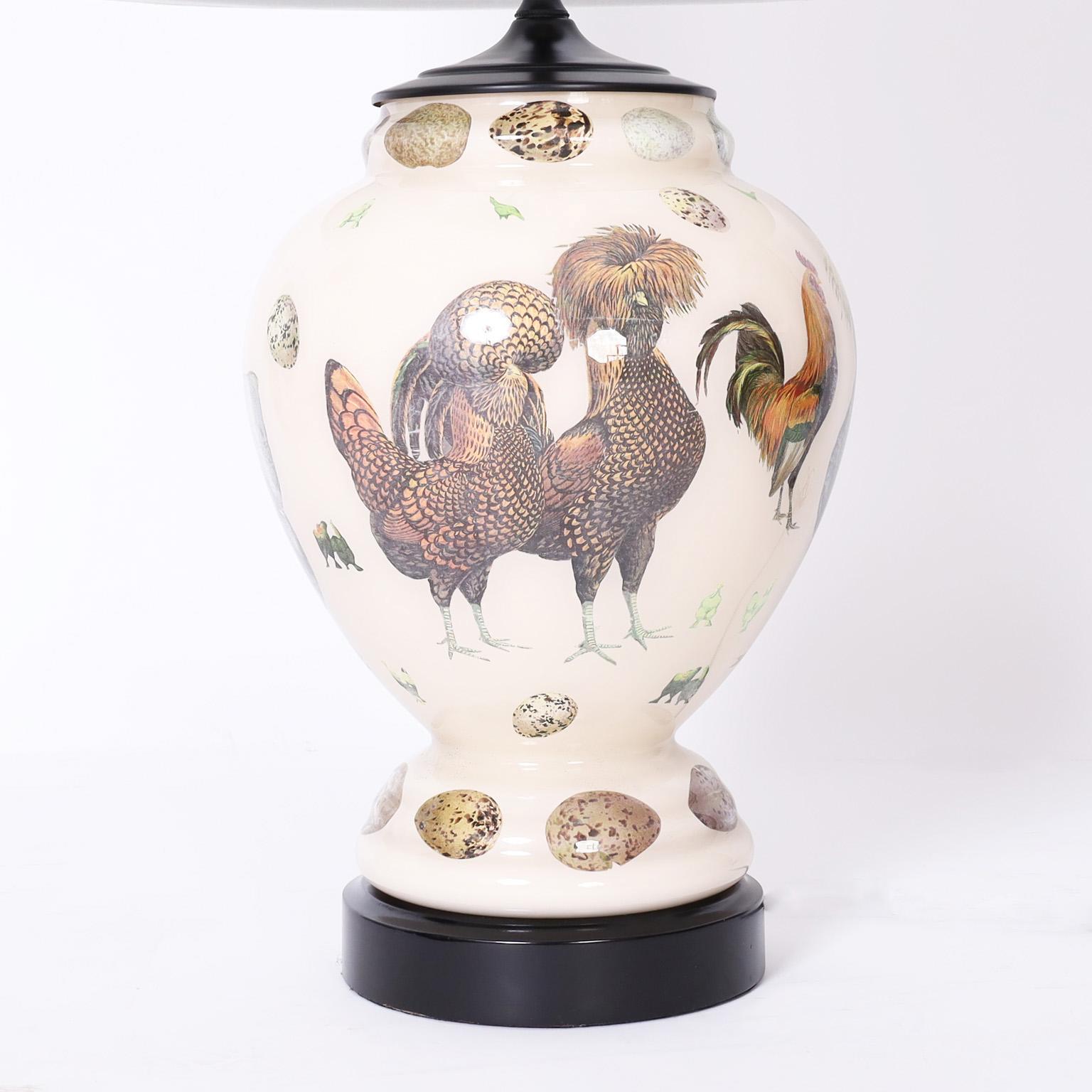 Country Pair of Reverse Decoupage Glass Table Lamps For Sale