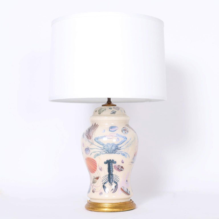 Pair of Reverse Decoupage Table Lamps with Sea Life For Sale at 1stDibs