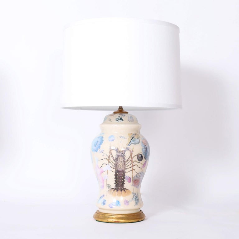 Pair of Reverse Decoupage Table Lamps with Sea Life For Sale at 1stDibs