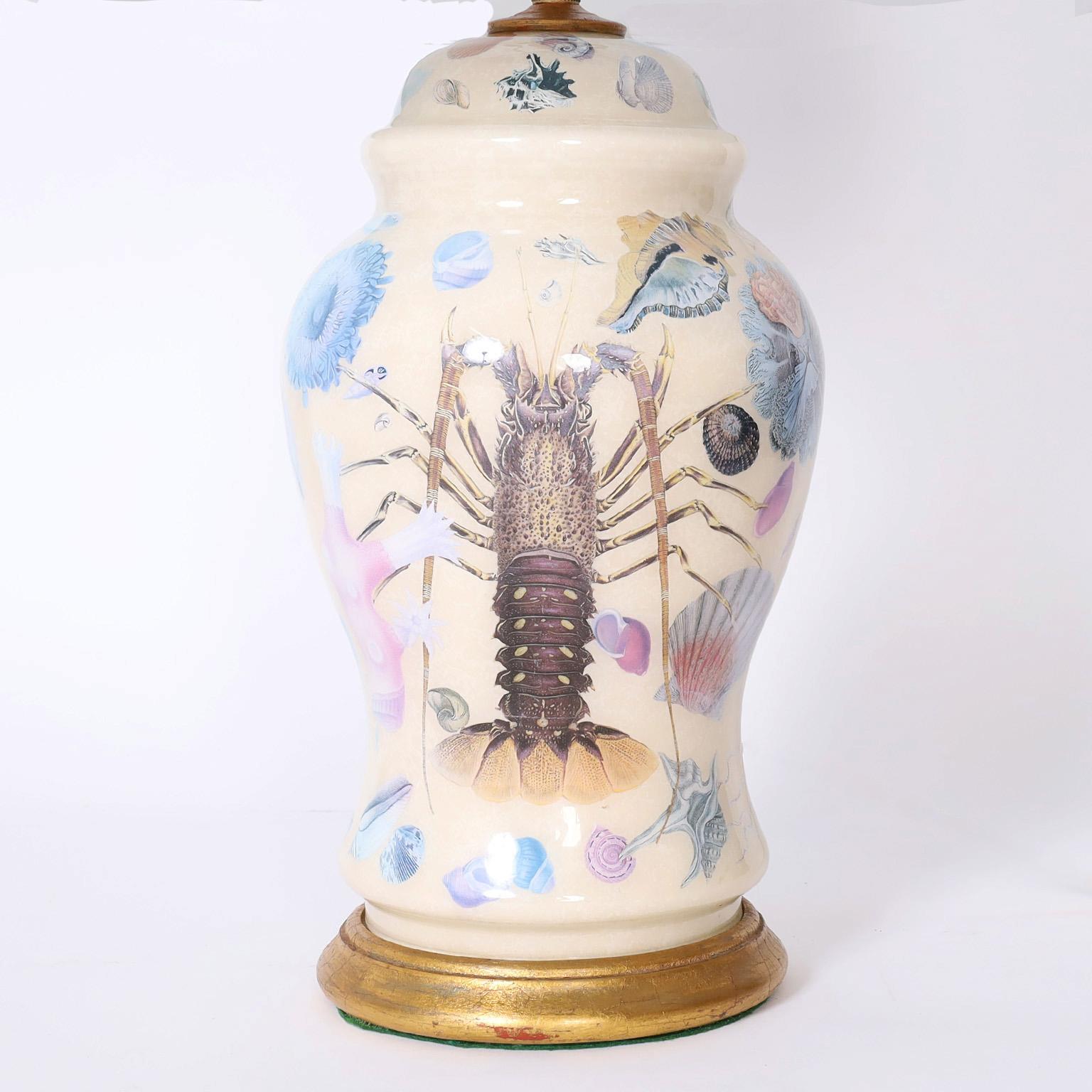 Country Pair of Reverse Decoupage Table Lamps with Sea Life For Sale