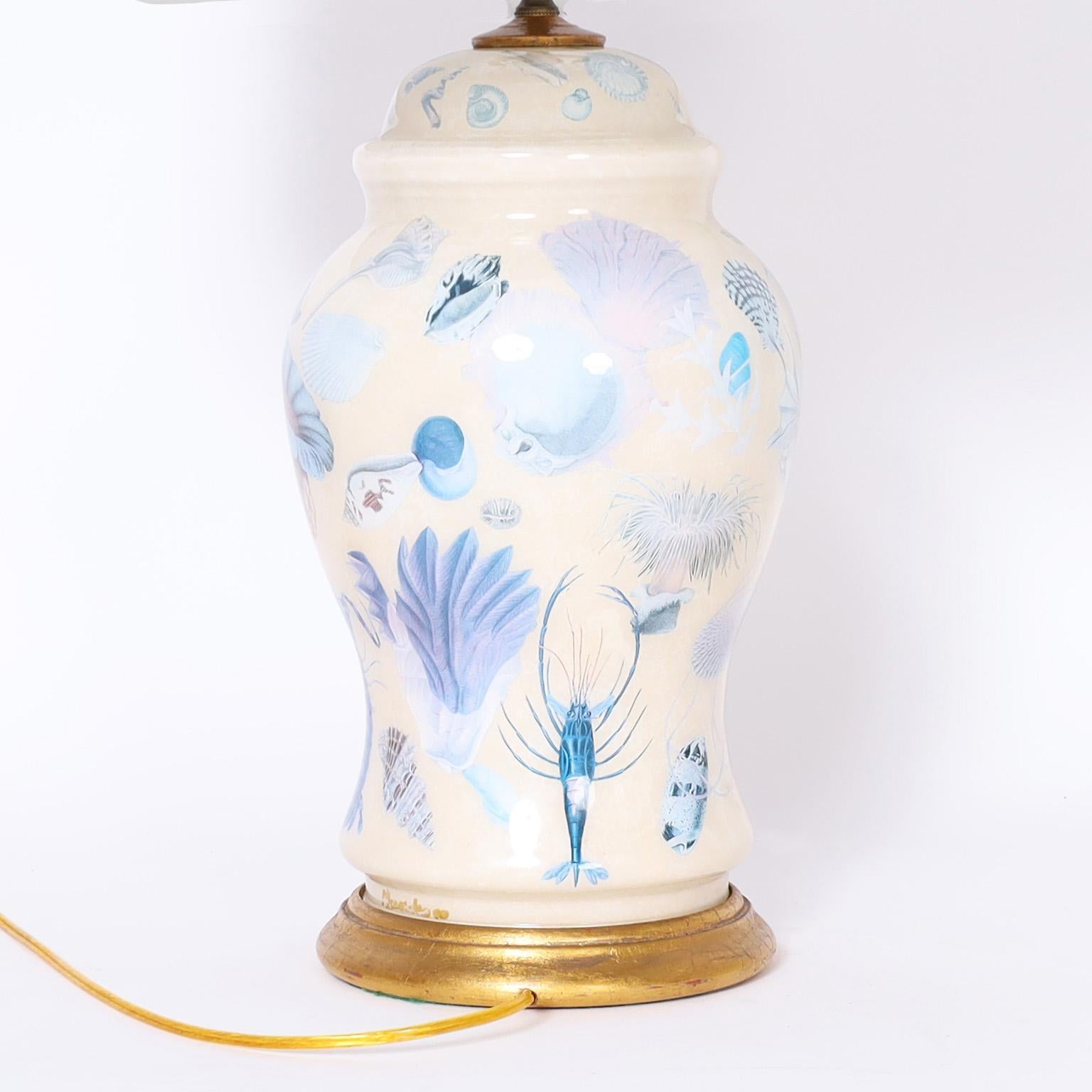 Italian Pair of Reverse Decoupage Table Lamps with Sea Life For Sale