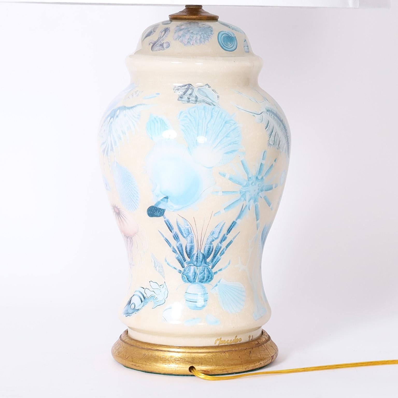 Pair of Reverse Decoupage Table Lamps with Sea Life In Good Condition For Sale In Palm Beach, FL